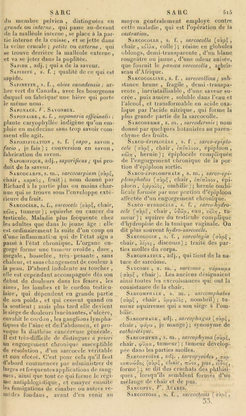 S ARC du membre pelvien , distinguées en grande ou interne, qui passe au-devant de la malléole interne, se place à la par- tie interne de la cuisse, et se jette dans la veine crurale; petite ou externe, qui se trouve derrière la malléole externe, et va se jeter dans la poplitée. Sapide , adj. ; qui a de la saveur. Sapidité , s. f. ; qualité de ce qui est sapide. < Satinette, s. 1“., abies canadensis ; ar- bre vert du Canada, avec les bourgeons duquel on fabrique* une bière qui porte le même nom. Saponacé. /'. Savoneux. Saponaire , s. 1‘., saponaria officinalis ; plante caryophyllée indigène qu’on em- ploie en médecine sans trop savoir com- ment elle agit. Saponification, s. 1'. (sapo, savon, facio , je lais ) ; conversion en savon , fabrication du savon. Saporiuque, adj., saporijicus ; qui pro- duit de la saveur. Saucocarpe, s. m-, sarcocarpium (aàpÇ, chair, xapncq , fruit); nom donné par Richard à la partie plus ou moins char- nue qui se trouve sous l’enveloppe exté- rieure du fruit. Sarcocèle, s. f., sarcocele (càp£, chair, xyjXy], tumeur); squirrhe ou cancer du testicule. Maladie plus fréquente chez les adultes que dans le jeune âge : elle est ordinairement la suite d’un coup ou d’une inflammation qui de l’état aigu a passé à l’état chronique. L’organe en- gorgé forme une tumeur ovoïde , dure , inégale, bosselée, très - pesante , sans chaleur, et sans changement de couleur à la peau. D’abord indolente au toucher , elle est cependant accompagnée dès son début de douleurs dans les fesses , les aines, les lombes et le cordon testicu- laire , qui dépendent en grande partie _ de son poids , et qui cessent quand on la soutient ; mais plus tard elle devient le siège de douleurs lancinantes, s’ulcère, envahit le cordon , les ganglions lympha- tiques de l’aine et dcrl’abdomen, et pro- voque la diathèse cancéreuse générale. Il est très-difficile de distinguer à priori. un engorgement chronique susceptible de résolution , d’un sarcocèle véritable et non ulcéré. C’est pour cela qu’il faut d’abord commencer par administrer de larges et fréquentes applications de sang- sues, ainsi que tout ce qui forme le régi- me antiphlogistique, et essayer ensuite les fumigations de cinabre ou autres re- mèdes fondans, avant d’en venir au SA UC 515 moyen généralement employé contre cette maladie, qui est l’opération de la castration. Sarcocolle , s. f. , sarcocotla (o-àp; , chair, xoMa, colle); résine en globules oblongs, demi-transparente , d’un blanc rougeâtre ou jaune, d’une odeur anisée, que fournit le pttmœa sarcocotla, arbris- seau d’Afrique. Sarcocolline , s. f. , sarcocoltina y sub- stance brune, fragile, demi-transpa- rente , incrislaîlisable , d’une saveur su- crée , puis amère , soluble dans l’eau et l’alcool, et transformable en acide oxa- lique par l’acide nitrique, qui forme la plus grande partie de la sarcocolle. Sarcodermk , s. m. , sarcodermis ; nom donné par quelques botanistes au paren- chyme des fruits. Sarco-épiplocèle , s. f. , sarco-cpiplo- celc (aàpÇ, chair, sirt-rr loov, épiploon, xïmt) , hernie); épiplocèle compliquée de l’engorgement chronique de ia por- tion d’épiploon sortie. Sarco-kpiplomphaLe , s. m., sarco-cpi- plomphatus (u«pÇ, chair, Itz['k\oov , épi- ploon, ôpèpaÀoç, ombilic); hernie ombi- licale formée par une portion d’épiploon affectée d’un engorgement chronique. Sarco - hydrocèle , s. f. , sarcoliydro- ccle ( cràp£, chair, utîwp, eau, xrçXvj, tu- meur); squirre du testicule compliqué d’hydropisie de la tunique vaginale. On dit plus souvent liydro-sarcocèle. Sarcologie , s. f. , sarcologia (o-xpÇ , chair, 16-yo;, discours) ; traité des par- ties molles du corps. Sarcomateux , adj., qui tient de la na- ture du sarcome. Sarcome, s. m, , sarcoma , aâ pxû>p.a (a-àpÇ, chair). Les anciens désignaient ainsi toutes les excroissances qui ont la consistance de la chair. Sarcomphale , s. m. , sarcomplialus (ffàpÇ , chair, lp.cpa.lbt;, nombril); tu- meur squirreuse qui a son siège à l’om- bilic. Sarcophage, adj., sarcophagus (expi), chair, cpxyta , je mange); synonyme de cathcrètiquc. Sarcophyme , s. m. , sarcophyma (o-àp£, chair, cpüp.a, tumeur); tumeur dévelop- pée dans les parties molles, Sahgopyoïde , adj. , sarcopyoidcs , aap- xoTzotoSni (càpi;, chair, irvov , pus, £t<Joç, forme) ; se dit des crachats des phthisi- ques , lorsqu’ils semblent formés d’un mélange de chair et de pus. Sarcopte. V. Acards. Sarcostosf. , s. f. , sarcostosis ( cràp£ , p» r» O.').