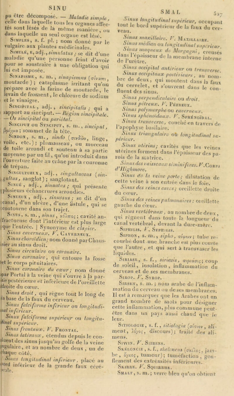 02* S1N ü pu Otre décomposé. — Maladie simple, colle dans laquelle tous les organes allée- ou tes sont lèses de la même manière dans laquelle un seul organe est lésé’. Simples, s. 1. pl. ; nom donné par le vulgaire aux plantes médicinales. Simulé, e, adj., simulatus ; se dit d’une maladie qu’une personne feint d’avoir pour se soustraire à une obligation qui lui est imposée. Sinapisme, s. m. , sinapismus (aiva-Tu moutarde ) ; cataplasme irritant qu’on prépare avec la farine de moutarde, le levain de froment, le chlorure de sodium et le vinaigre. Sincipital, adj., sincipilalis • qui a rapport au sinciput. — Région sincipilale. — Os sincipital ou pariétal. Sinciput ou Synciput, s. m., sinciput, ppsyfHx; sommet de la tête. S indon , s. m., sindo (c'.vtîwy, linge, voile, etc.); plumasseau, ou morceau de toile arrondi et soutenu à sa partie moyenne par un fil, qu’on introduit dans l’ouverture laite au crâne par la couronne de trépan. Singultueix, adj., singultuosus (sin- Igullus, sanglot); sanglotant. Sinué, adj., sinualus ; qui présente jplusieurs échancrures arrondies. Sinueux, adj., sinuosus ; se dit d’un .canal, d un ulcère, d’une fistule, qui se :contourne dans son trajet. ,, ®IIVT,S-' s* m- 3 sinus, xoa7toç ; cavité an- Iraetucuse dont l’intérieur est plus large que l’entrée, j Synonyme de clapier. Sinus caverneux. F. Caverneux. S in us choroïdien; nom donné parChaus- »sier au sinus droit. Sinus circulaire on coronaire. Sinus coronaire, qui entoure la fosse et le corps pituitaires. Sinus coronaire du coeur j nom donné >par Portai a la veine qui s’ouvre à la par- tie postérieure et inférieure de l’oreillette alroite du cœur. Sinus droit, qui régne tout le long de base de la faux du cerveau. Sinus falciforme inférieur ou longitudi- nal inférieur. Sinus falci forme supérieur ou longitu- dinal supérieur. Sinus frontaux. F. Frontal. Sinus latéraux, étendus depuis le con- fient des sinus jusqu’au golfe de la veine r'igulaire, et au nombre de deux , un de 'iiaque côté. ' Sinus longitudinal inferieur, placé au f’°ïd inférieur de la grande faux eéré- »raie. S M A L S inus longitudinal supérieur, occupant tout le bord supérieur de la faux du cer- veau. Sinus maxillaire. F. Maxillaire. S inus médian ou longitudinal sape rieur. , T m.Uf,Ucux. df Morgagni, creusés dans 1 épaisseur de la membrane interne de 1 uretre. Sinus occipital antérieur ou transverse Sinus occipitaux postérieurs, au nom- bre de deux, qui montent dans la faux du cervelet, et s’ouvrent dans le con- Huent dos sinus. Sinus perpendiculaire ou droit. Sinus petreux. F. Peureux. Sinus polymorphe ou caverneux. Sinus sphénoïdaux. / . Sphénoïdal. Sinus transverse, couché en travers de 1 apophyse basilaire. Sinus triangulaire où longitudinal su- périeur. Sinus utérins• cavités que les veines utérines forment dans l’épaisseur des pa- rois de la matrice. 1 Sinus des vaisseaux sèminifères. F.Cor rs d Jlighmore. Sinus de la veine porte; dilatation de celte veine a son entrée dans le foie. Sinus des reines caves; oreillette droite du cœur. Sinus des reines pulmonaires ; or eillette gauche du cœur. Sinus vertébraux, au nombre de deux , qui régnent dans toute la longueur du canal vertébral, devant la dure-mère. Siphilis. F. Syphilis. Siphon, s. m., siplio, aûpcnv ; tube re- courbé dont une branche est pin,- courte que l’autre , et qui sert à transvaser les liquides. Siriase, s. i., siriasis, ciptaatç; coup de soleil, insolation, inflammation du cerveau et de ses membranes. Sirop. J’. Syrop. Suis en, s. m. ; nom arabe de l’infiam- mation du cerveau ou de ses membranes. 11 est à remarquer que les Arabes ont un grand nombre de mots pour désigner cette inflammation, plus commune peut- être dans un pays aussi chaud que la leur. Sitiologie, s. f., silio/ogia (o-ércov , ali- ment, loyoc, discours); traité des ali- mens. SlVY'lN. F. SlBBKNS. Skeloncik , s. 1., s lie Ion eu s (tjxsO.cç. jam- be , oyxo;, tumeur); tuméfaction , gon- flement des extrémités inférieures. Skirre. F. Squirrhe. Smalt, s. m.; verre bleu qu'on obtient