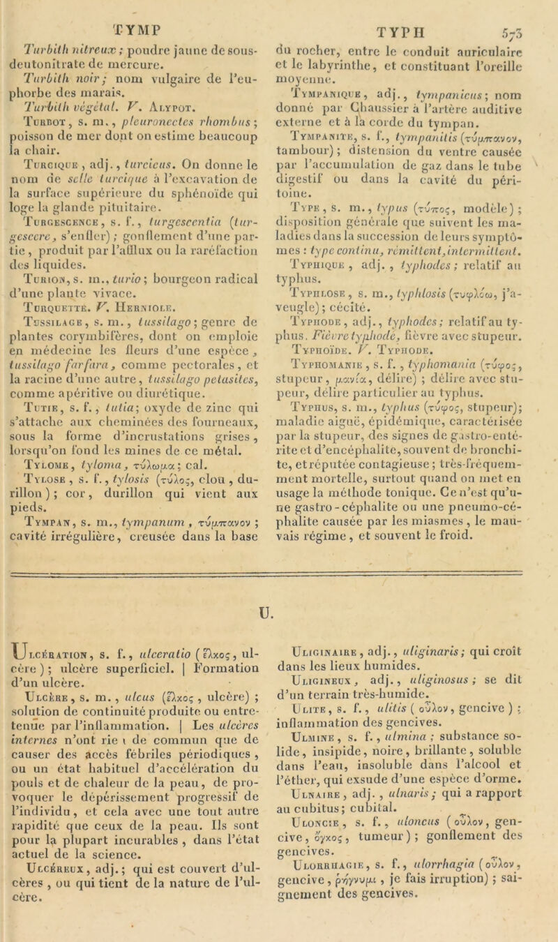 T Y MP Turbith nitreux ; poudre jaune de sous- deutonitrate de mercure. Turbith noir; nom vulgaire de l’eu- phorbe des marais. Turbith végétal. V. Àlypot. Turbot, s. ni., pleuronectes rhombus; poisson de mer dont on estime beaucoup la chair. Turcique , adj., tardais. On donne le nom de selle turdr/ue à l’excavation de la surface supérieure du sphénoïde qui loge la glande pituitaire. Turgescence , s. 1‘., turgcscentia (tur- gcsccrc, s’enfler) ; gonflement d’une par- tie , produit par l’afllux ou la raréfaction des liquides. TurioNjS. m., turio ; bourgeon radical d’une plante vivace. Touquettë. V. Herniole. Tussilage , s. m., iussilago ; genre de plantes corymbifères, dont on emploie en médecine les fleurs d’une espèce , tussilago farfira, comme pectorales, et la racine d’une autre, tussilago pelasites, comme apéritive ou diurétique. Tutie, s. f., tutia; oxyde de zinc qui s’attache aux cheminées des fourneaux, sous la forme d’incrustations grises, lorsqu’on fond les mines de ce métal. Tylome, tyloma, roAco^a; cal. Tylose , s. f., tylosis clou , du- rillon ) ; cor, durillon qui vient aux pieds. Tympan, s. m., lympanum , TVfjwavov ; cavité irrégulière, creusée dans la base Ulcération, s. f., ulccralio ( tXxog, ul- cère ) ; ulcère superficiel. | Formation d’un ulcère. Ulcère, s. m. , ulcus (Zkxoç , ulcère) ; solution de continuité produite ou entre- tenue par l’inflammation. | Les ulcères internes n’ont rie i de commun que de causer des accès fébriles périodiques , ou un état habituel d’accélération du pouls et de chaleur de la peau, de pro- voquer le dépérissement progressif de l’individu, et cela avec une tout autre rapidité que ceux de la peau. Us sont pour la plupart incurables , dans l’état actuel de la science. Ulcéreux, adj.; qui est couvert d’ul- cères , ou qui tient de la nature de l’ul- cère. TYPII 5-3 du rocher, entre le conduit auriculaire et le labyrinthe, et constituant l’oreille moyenne. Tympanique, adj., tympanicus; nom donné par (^haussier à l’artère auditive externe et à la corde du tympan. 1 ympanite, s. 1., tympanitis (-rvp/7ravov, tambour); distension du ventre causée par l’accumulation de gaz dans le tube digestif ou dans la cavité du péri- toine. Type, s. m., typus (tv7toç, modèle) ; disposition générale que suivent les ma- ladies dans la succession de leurs symptô- mes : type continu, remit lent,intermittent. Typuique , adj. , typliodes ; relatif au typhus. Typhlose , s. m., typhlosis (zvipléo), j’a- veugle) ; cécité. Typiiode, adj., typliodes; relatif au ty- phus. Fièvre typiiode, fièvre avec stupeur. Typhoïde. V. Typiiode. Typhomanië , s. f. , typhomania (rucpo;, stupeur, p.avt’a, délire) ; délire avec stu- peur, délire particulier au typhus. Tyruus, s. m., typhus (rvipoç, stupeur); maladie aiguë, épidémique, caractéiisée par la stupeur, des signes de gastro-enté- rite et d’encéphalite, souvent de bronchi- te, etréputéecontagieuse; très-fréquem- ment mortelle, surtout quand on met en usage la méthode tonique. Ce n’est qu’u- ne gastro - céphalite ou une pncumo-cé- phalite causée par les miasmes , le mau- vais régime, et souvent le froid. Uliginaire , adj., uliginaris ; qui croît dans les lieux humides. Uligjneux, adj., uliginosus ; se dit d’un terrain très-humide. Ulite, s. f., ulilis ( ouXov, gencive ) : inflammation des gencives. Ulmine , s. f., ulmina ; substance so- lide, insipide, noire, brillante, soluble dans l’eau, insoluble dans l’alcool et l’éther, qui exsude d’uue espèce d’orme. Ulnaire , adj. , ulnaris ; qui a rapport au cubitus; cubital. Uloncie, s. f., uloncus (ov\ov, gen- cive , oyxoç, tumeur); gonflement des gencives. Ulorriiagie, s. f., ulorrhagia (ovXov, gencive, p-éywpi, je fais irruption) ; sai- gnement des gencives.