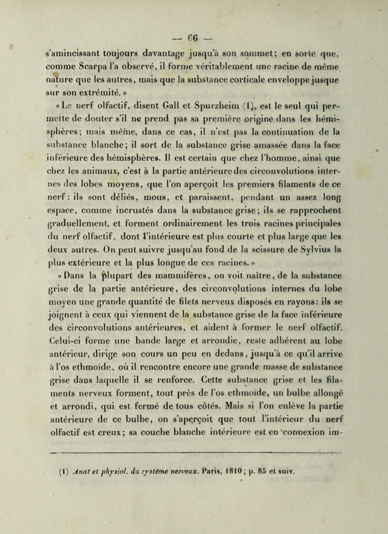 s’amincissant toujours davantage jusqu’à son sommet; en sorte que, comme Scarpa l’a observé, il forme véritablement une racine de même nature que les autres, mais que la substance corticale enveloppe jusque sur son extrémité. » «Le nerf olfactif, disent Gall et Spurzheim (1), est le seul qui per- mette de douter s’il ne prend pas sa première origine dans les hémi- sphères; mais même, dans ce cas, il n’est pas la continuation de la substance blanche; il sort de la substance grise amassée dans la face inférieure des hémisphères. Il est certain que chez l’homme, ainsi que chez les animaux, c’est à la partie antérieure des circonvolutions inter- nes des lobes moyens, que l’on aperçoit les premiers filaments de ce nerf : ils sont déliés, mous, et paraissent, pendant un assez long espace, comme incrustés dans la substance grise ; ils se rapprochent graduellement, et forment ordinairement les trois racines principales du nerf olfactif, dont l’intérieure est plus courte et plus large que les deux autres. On peut suivre jusqu’au fond de la scissure de Sylvius la plus extérieure et la plus longue de ces racines. » «Dans la |>lupart des mammifères, on volt naître, de la substance grise de la partie antérieure, des circonvolutions internes du lobe moyen une grande quantité de filets nerveux disposés en rayons: ils se joignent à ceux qui viennent de la substance grise de la face inférieure des circonvolutions antérieures, et aident à former le nerf olfactif. Celui-ci forme une bande large et arrondie, reste adhérent au lobe antérieur, dirige son cours un peu en dedans, jusqu’à ce qu’il arrive à l’os ethmoïde, où il rencontre encore une grande masse de substance grise dans laquelle il se renforce. Cette substance grise et les fila- ments nerveux forment, tout près de l’os ethmoïde, un bulbe allongé et arrondi, qui est fermé de tous côtés. Mais si l’on enlève la partie antérieure de ce bulbe, on s’aperçoit que tout l’intérieur du nerf olfactif est creux; sa couche blanche intérieure est en‘connexion Im- (t) Anat et physiol. du système nerveux. Paris, 1810; p. 85 et suiv.