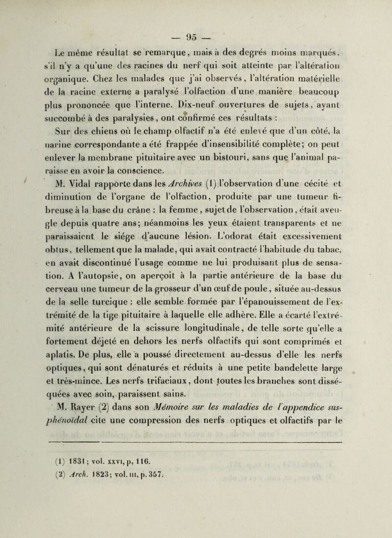 l.e même résultat se remarque, mais à des degrés moins ma»*qués, s’il n’y a qu’une des racines du nerf qui soit atteinte par l’altération organique. Chez les malades que j’ai observés, l’altération matérielle de la racine externe a paralysé l’olfaction d’une manière beaucoup plus prononcée que l’interne. Dix-neuf ouvertures de sujets, ayant succombé à des paralysies, ont confirmé ces résultats : Sur des chiens où le champ olfactif n’a été enlevé que d’un côté, la narine correspondante a été frappée d’insensibilité complète; on peut enlever la membrane pituitaire avec un bistouri, sans que l’animal pa- raisse en avoir la conscience. M. Vidal rapporte dans les(1) l’observation d’une cécité et diminution de l’organe de l’olfaction, produite par une tumeur fi- breuse à la base du crâne : la femme, sujet de l’observation, était aveu- gle depuis quatre ans; néanmoins les yeux étaient transparents et ne paraissaient le siège djaucune lésion. L’odorat était excessivement obtus, tellement que la malade, qui avait contracté l’habitude du tabac, en avak discontinué l’usage comme ne lui produisant plus de sensa- tion. A l’autopsie, on aperçoit à la partie antérieure de la base du cerveau une tumeur de la grosseur d’un œuf de poule, située au-dessus de la selle turcique : elle semble formée par l’épanouissement de l’ex- trémité de la tige pituitaire à laquelle elle adhère. Elle a écarté l’extré- mité antérieure de la scissure longitudinale, de telle sorte qu’elle a fortement déjeté en dehors les nerfs olfactifs qui sont comprimés et aplatis. De plus, elle a poussé directement au-dessus d’elle les nerfs optiques, qui sont dénaturés et réduits à une petite bandelette large et très-mince. Les nerfs trifaciaux, dont toutes les branches sont dissé- quées avec soin, paraissent sains. M. Rayer (2) dans son Mémoire sur les maladies de l'appendice sus- phénoïdal cite une compression des nerfs optiques et olfactifs par le (1) 1831 ; vol. XXVI, p, 116. (2) Arch. 1823; vol. III, p. 357,