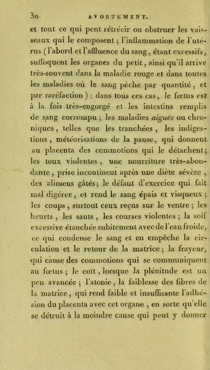 et tout ce qui peut rétrécir ou obstruer les vais- seaux qui le composent 5 l’inflammation de l’uté- rus (l’abord et l’affluence du sang, étant excessifs, suffoquent les organes du petit, ainsi qu’il arrive très-souvent dans la maladie rouge et dans toutes les maladies où le sang pèche par quantité, et par raréfaction) : dans tous ces cas, le fœtus esX à la fois très-engorgé et les intestins remplis de sang corrompu 5 les maladies aiguës ou chro- niques , telles que les tranchées , les indiges- tions , météorisations de la panse, qui donnent au placenta des commotions qui le détachent ; les toux violentes , une nourriture très-abon- dante , prise incontinent après une diète sévère , des aliniens gâtés 5 le défaut d’exercice qui fait mal digérer, et rend le sang épais et visqueux -, les coups, surtout ceux reçus sur le ventre -, les heurts , les sauts , les courses violentes ; la soif excessive étanchée subitement avec de l’eau froide, ce qui condense le sang et en empêche la cir- culation et le retour de la matrice 5 la frayeur, qui cause des commotions qui se communiquent au fœtus 5 le coït, lorsque la plénitude est un peu avancée 5 l’atonie, la faiblesse des fibres de la matrice, qui rend faible et insuffisante l’adhé- sion du placenta avec cet organe , en sorte qu elle se détruit à la moindre cause qui peut y donner