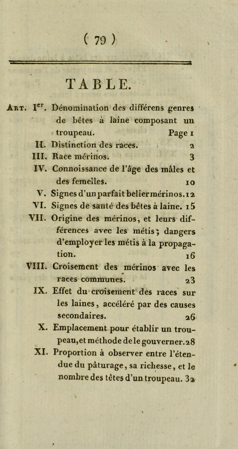 TABLE. Art. 1er. Dénomination des différens genres de bêtes à laine composant un troupeau. Page i II. Distinction des races. 2 III. Race mérinos. 3 IV. Connoissance de l’âge des mâles et des femelles. 10 V. Signes d’un parfait belier mérinos. 12 VI. Signes de santé des bêtes à laine. i5 VII. Origine des mérinos, et leurs dif- férences avec les métis1; daügers d’employer les métis à la propaga- tion. x6 VIII. Croisement des mérinos avec les races communes. 23 IX. Effet du croisement des races sur les laines, accéléré par des causes secondaires. 26 X. Emplacement pour établir un trou- peau,et méthode de le gouverner. 28 XI. Proportion à observer entre l’éten- due du pâturage, sa richesse, et le nombre des têtes d’un troupeau. 3a