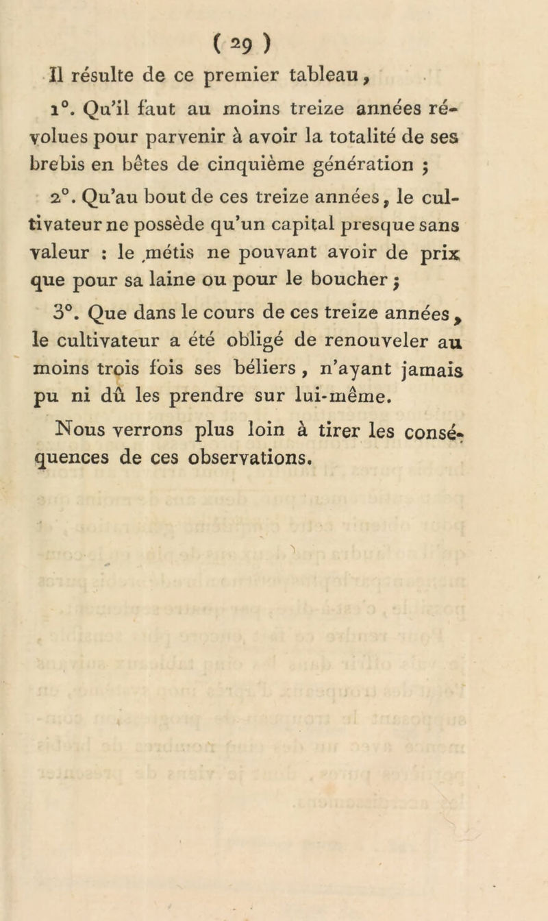 ( 29 ) Il résulte de ce premier tableau, i°. Qu’il faut au moins treize années ré- volues pour parvenir à avoir la totalité de ses brebis en bêtes de cinquième génération ; 2°. Qu’au bout de ces treize années, le cul- tivateur ne possède qu’un capital presque sans valeur : le métis ne pouvant avoir de prix que pour sa laine ou pour le boucher ; 3°. Que dans le cours de ces treize années , le cultivateur a été obligé de renouveler au moins trois fois ses béliers , n’ayant jamais pu ni dû les prendre sur lui-même. Nous verrons plus loin à tirer les consé- quences de ces observations. 'i