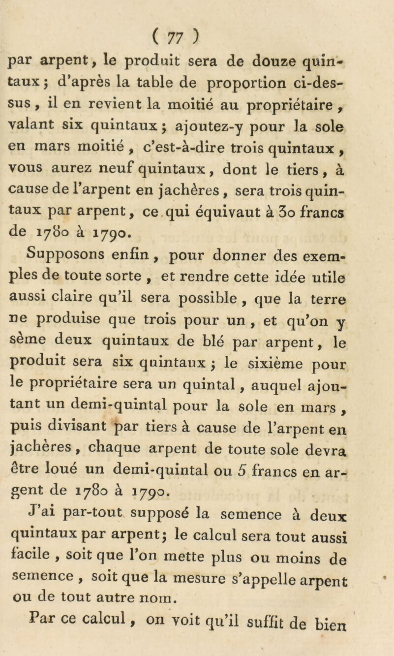 par arpent, le produit sera de douze quin- taux ; d’après la table de proportion ci-des- sus , il en revient la moitié au propriétaire , valant six quintaux; ajoutez-y pour la sole en mars moitié , c’est-à-dire trois quintaux , vous aurez neuf quintaux, dont le tiers, à cause de l’arpent en jachères , sera trois quin- taux par arpent, ce qui équivaut à 3o francs de 1780 à 1790. Supposons enfin , pour donner des exem- ples de toute sorte , et rendre cette idée utile aussi claire qu’il sera possible , que la terre ne produise que trois pour un , et qu’on y sème deux quintaux de blé par arpent, le produit sera six quintaux ; le sixième pour le propriétaire sera un quintal, auquel ajou- tant un demi-quintal pour la sole en mars , puis divisant par tiers à cause de l’arpent en jachères, chaque arpent de toute sole devra être loué un demi-quintal ou 5 francs en ar- gent de 1780 à 1790. J’ai par-tout supposé la semence à deux quintaux par arpent; le calcul sera tout aussi facile , soit que l’on mette plus ou moins de semence , soit que la mesure s’appelle arpent ou de tout autre nom. Par ce calcul, on voit qu’il suffit de bien 1