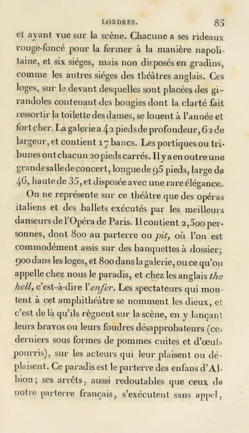 et ayant vue sur la scène. Chacune a ses rideaux rouge-foncé pour la fermer à la manière napoli- taine, et six sièges, mais non disposés en gradins, comme les autres sièges des théâtres anglais. Ces loges, sur le devant desquelles sont placées des gi- randoles contenant des bougies dont la clarté fait ressortir la toilette des dames, se louent à Tannée et fort cher. La galerie a 4^ pieds de profondeur, 62 de largeur, et contient 17 bancs. Les portiques ou tri- bunes ont chacun 20 pieds carrés, lly a en outre une grandesalledeçoncert, longuede g5 pieds, large de 46, haute de 35, et disposée avec une rare élégance. On ne représente sur ce théâtre que des opéras italiens et des ballets exécutés par les meilleurs danseurs de TOpéra de Paris. Il contient 2,5oo per- sonnes, dont 800 au parterre ou pit, où Ton est commodément assis sur des banquettes à dossier; 900dans les loges, et 800dans la galerie, once qu’on appelle chez nous le paradis, et chez les anglais the hell, c’est-à-dire \enfei\ Les spectateurs qui mon- tent à cet amphithéâtre se nomment les dieux, et c’est delà qu’ils régnent sur la scène, en y lançant leurs bravos ou leurs foudres désapprobateurs (cc^ derniers sous formes de pommes cuites et d’œuls pourris), sur les acteurs qui leur plaisent ou dé- plaisent. Ce paradis est le parterre des enfans d’Al- bion ; scs arrêts, aussi redoutables que ceux de notre parterre français, s’exécutent sans appel. I
