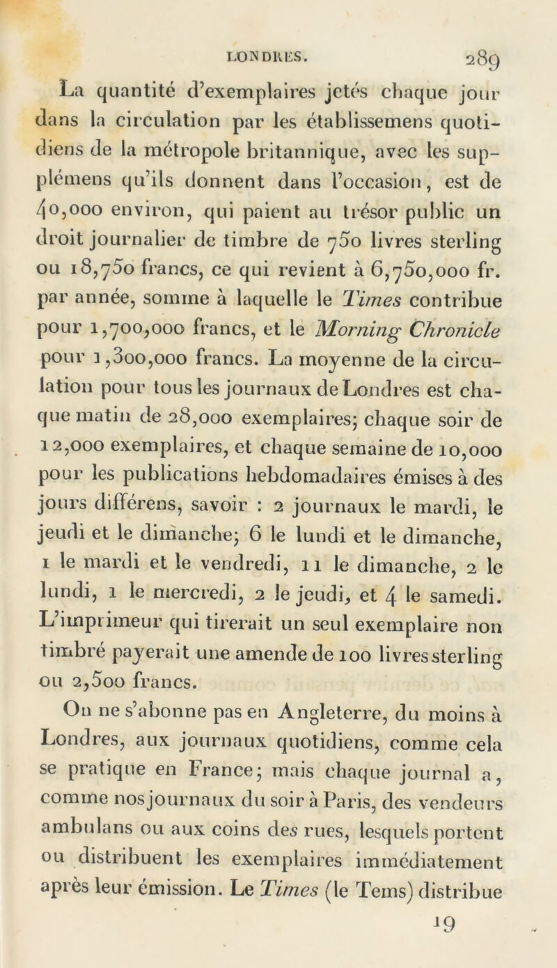 La quantité d’exemplaires jetés chaque jour dans la circulation par les établissemens quoti- diens de la métropole britannique, avec les sup- plémens qu’ils donnent dans l’occasion, est de 40.000 environ, qui paient au trésor pu!)lic un droit journalier de timbre de 'j5o livres sterling ou 18,750 francs, ce qui revient à 6,750,000 fr. par année, somme à laquelle le Times contribue pour 1,700,000 francs, et le Morning Chronicle pour ] ,3oo,ooo francs. La moyenne de la circu- lation pour tous les journaux de Londres est cha- que matin de 28,000 exemplaires; chaque soir de 12.000 exemplaires, et chaque semaine de 10,000 pour les publications hebdomadaires émises à des jours dilïérens, savoir : 2 journaux le mardi, le jeudi et le dimanche; 6 le lundi et le dimanche, I le mardi et le vendredi, 11 le dimanche, 2 le lundi, 1 le mercredi, 2 le jeudi, et 4 le samedi. L’impiimeur qui tirerait un seul exemplaire non timbré payerait une amende de 100 livres sterling ou 2,5oo francs. On ne s’abonne pas en Angleterre, du moins à Londres, aux journaux quotidiens, comme cela se pratique en France; mais chaque journal a, comme nosjournaux du soir à Paris, des vendeurs ambulans ou aux coins des rues, lesquels portent ou distribuent les exemplaires immédiatement après leur émission. Le Times (le Teins) distribue ^9