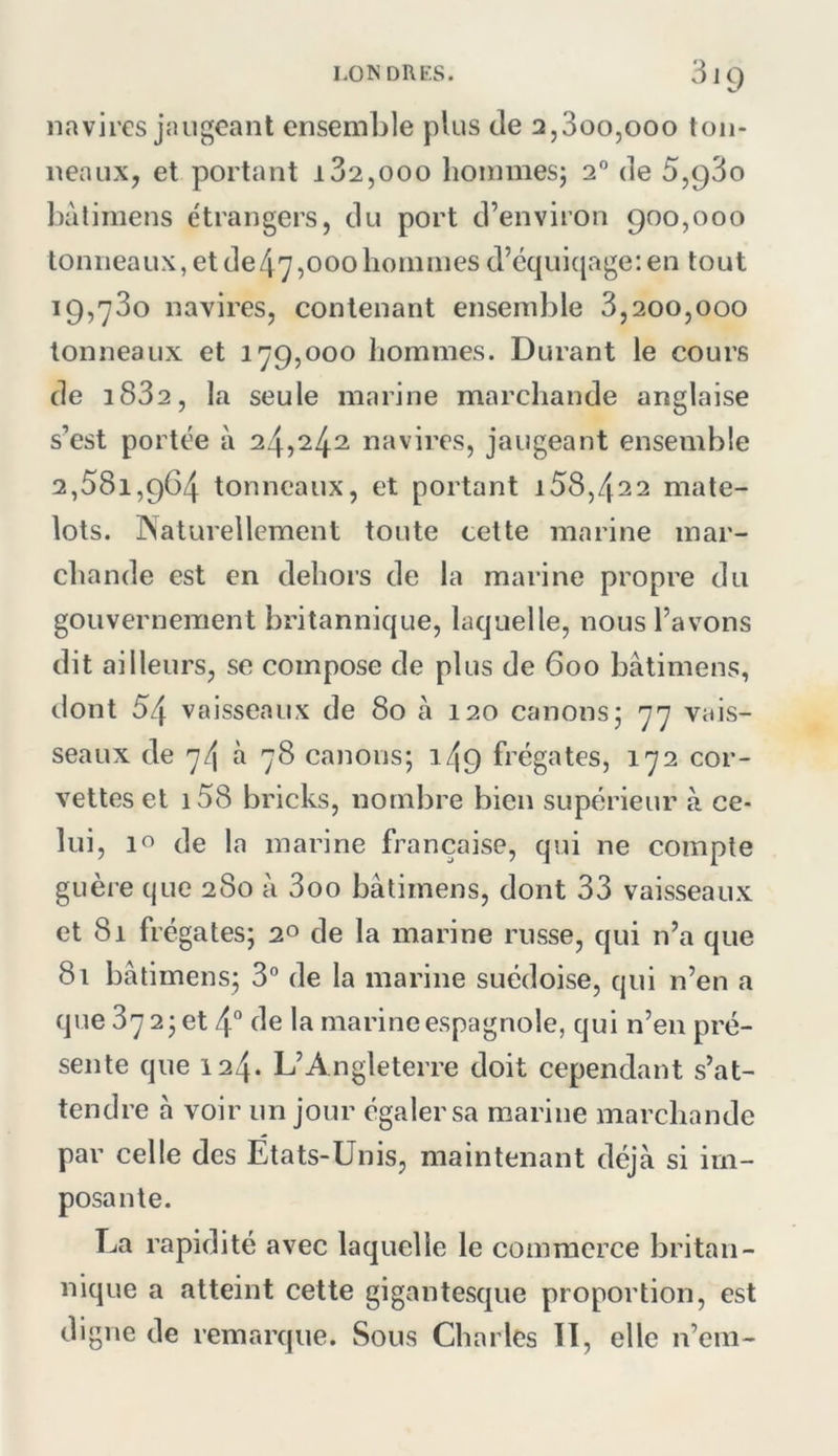 navires jaugeant ensemble plus de 2,3oo,ooo ton- neaux, et portant 182,000 hommes; 2 de 8,980 balimens étrangers, du port d’environ 900,000 tonneaux,etde47,000hommesd’cquiqage:en tout 19,780 navires, contenant ensemble 8,200,000 tonneaux et 179,000 hommes. Durant le cours de 1882, la seule marine marchande anglaise s’est portée à 24,242 navires, jaugeant ensemble 2,881,964 tonneaux, et portant 188,422 mate- lots. INaturellement toute cette marine mar- chande est en dehors de la marine propre du gouvernement britannique, laquelle, nous l’avons dit ailleurs, se compose de plus de 600 bâtimens, dont 84 vaisseaux de 80 à 120 canons; 77 vais- seaux de 74 à 78 canons; 149 frégates, 172 cor- vettes et 188 bricks, nombre bien supérieur à ce- lui, 10 de la marine française, qui ne compte guère que 280 à 3oo bâtimens, dont 33 vaisseaux et 81 frégates; 20 de la marine russe, qui n’a que 81 bâtimens; 3“ de la marine suédoise, qui n’en a que 87 2; et 4° de la marine espagnole, qui n’en pré- sente que 124. L’Angleterre doit cependant s’at- tendre â voir un jour égaler sa marine marchande par celle des États-Unis, maintenant déjà si im- posante. La rapidité avec laquelle le commerce britan- nique a atteint cette gigantesque proportion, est digne de remarque. Sous Charles 11, elle n’em-