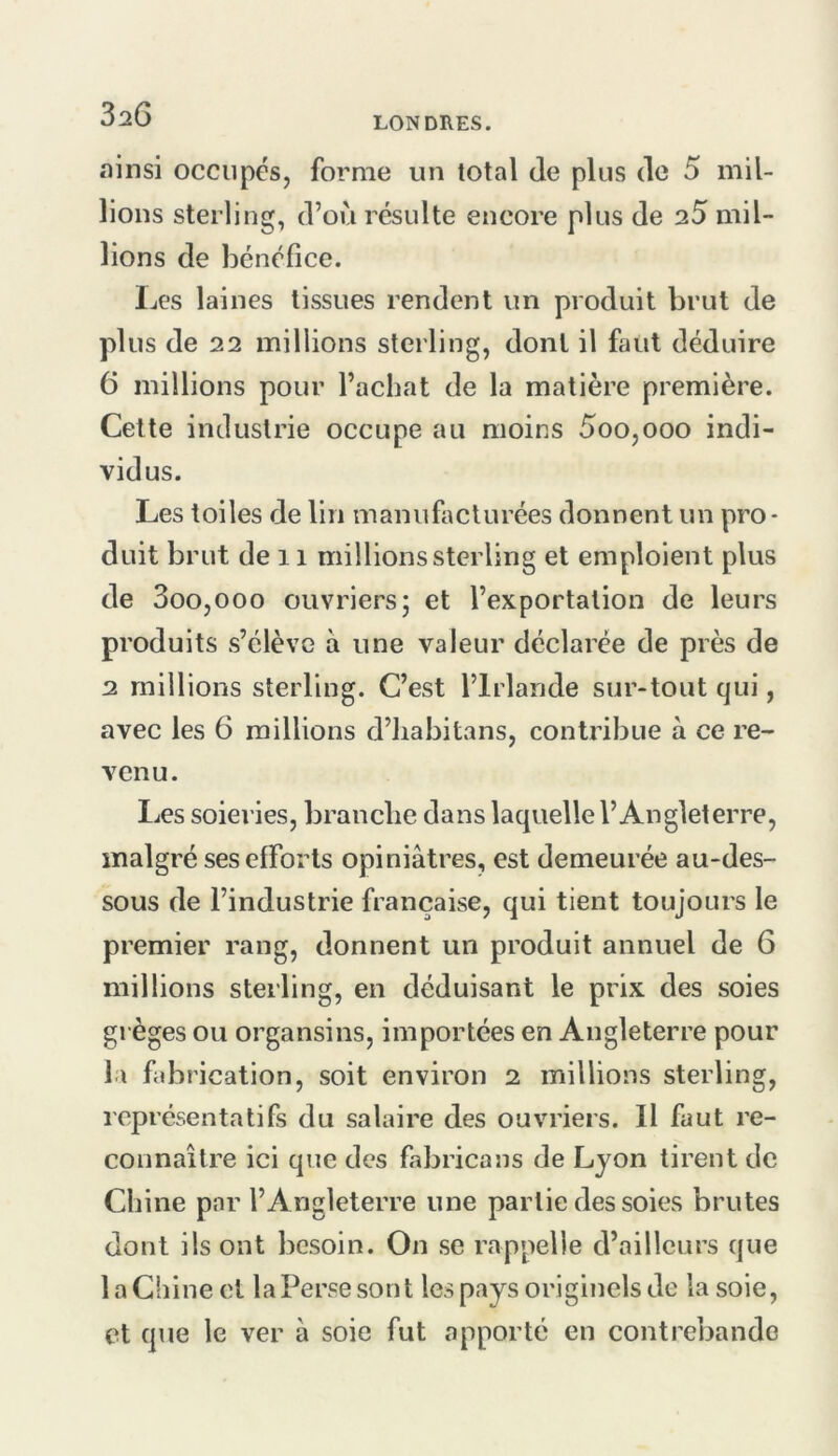 3a6 LONDRES. ainsi occupés, forme un total de plus de 5 mil- lions sterling, d’où résulte encore plus de 25 mil- lions de bénéfice. Les laines tissues rendent un produit brut de plus de 22 millions sterling, dont il faut déduire 6 millions pour l’achat de la matière première. Cette industrie occupe au moins 5oo,ooo indi- vidus. Les toiles de lin manufiicturées donnent un pro- duit brut de 11 millions sterling et emploient plus de 3oo,ooo ouvriers; et l’exportation de leurs produits s’élève à une valeur déclarée de près de 2 millions sterling. C’est l’Irlande sur-tout qui, avec les 6 raillions d’Jiabitans, contribue à ce re- venu. lies soieries, branche dans laquelle l’Angleterre, malgré ses efforts opiniâtres, est demeurée au-des- sous de l’industrie française, qui tient toujours le premier rang, donnent un produit annuel de 6 millions sterling, en déduisant le prix des soies grèges ou organsins, importées en Angleterre pour la fabrication, soit environ 2 millions sterling, représentatifs du salaire des ouvriers. Il faut re- connaître ici que des fabricans de Lyon tirent de Chine par l’Angleterre une partie des soies brutes dont ils ont besoin. On se rappelle d’ailleurs que la Chine et la Perse sont les pays originels do la soie, et que le ver à soie fut apporté en contrebande