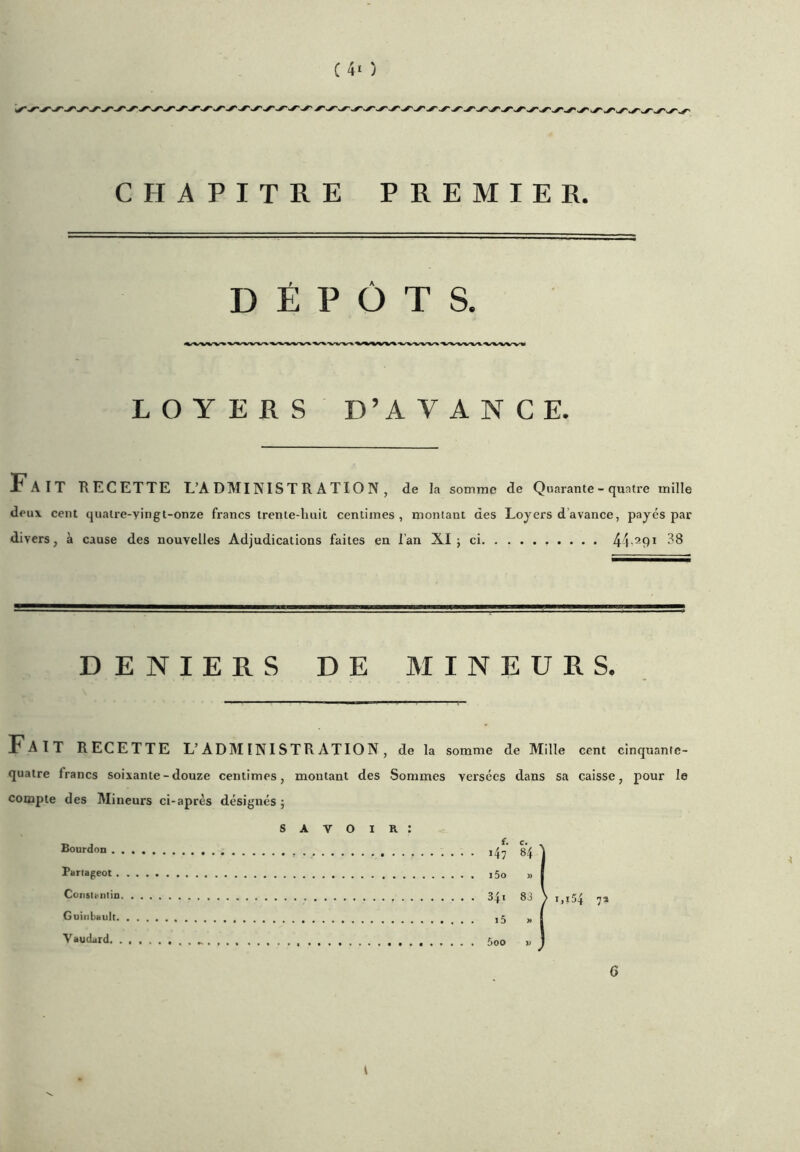 ( 4- ) CHAPITRE PREMIER. DÉPÔTS. LOYERS D’AVANCE. Fait KECETTE L’administration, de la somme de Quarante - quatre mille deux cent quatre-vingt-onze francs trente-huit centimes, montant des Loyers d’avance, payés par divers, à cause des nouvelles Adjudications faites en i’an XI j ci 44'^9ï DENIERS DE MINEURS, Fait recette L’ADMINISTRATION, de la somme de Mille cent cinquante- quatre francs soixante-douze centimes, montant des Sommes versées dans sa caisse, pour le compte des Mineurs ci-après désignés ; S A V O I R : Bourdon i47 84 j Partageot i5o » | Constantin 34, 83 \ i,i54 7a Guinbault ,5 „ j Vaudard 5oo w j 6 V.