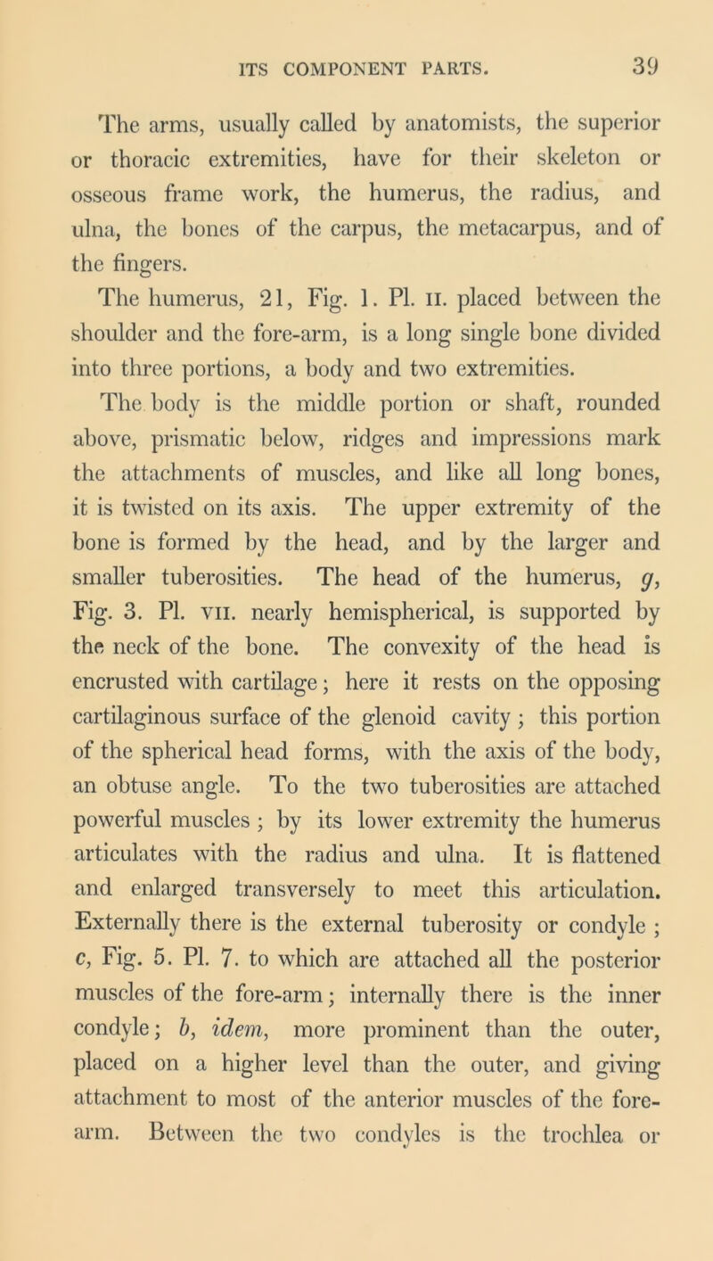 The arms, usually called by anatomists, the superior or thoracic extremities, have for their skeleton or osseous frame work, the humerus, the radius, and ulna, the bones of the carpus, the metacarpus, and of the fingers. The humerus, 21, Fig. 1. PL n. placed between the shoulder and the fore-arm, is a long single bone divided into three portions, a body and two extremities. The body is the middle portion or shaft, rounded above, prismatic below, ridges and impressions mark the attachments of muscles, and like all long bones, it is twisted on its axis. The upper extremity of the bone is formed by the head, and by the larger and smaller tuberosities. The head of the humerus, g, Fig. 3. PI. vn. nearly hemispherical, is supported by the neck of the bone. The convexity of the head is encrusted with cartilage; here it rests on the opposing cartilaginous surface of the glenoid cavity ; this portion of the spherical head forms, with the axis of the body, an obtuse angle. To the two tuberosities are attached powerful muscles ; by its lower extremity the humerus articulates with the radius and ulna. It is flattened and enlarged transversely to meet this articulation. Externally there is the external tuberosity or condyle ; c, Fig. 5. PI. 7. to which are attached all the posterior muscles of the fore-arm; internally there is the inner condyle; b, idem, more prominent than the outer, placed on a higher level than the outer, and giving attachment to most of the anterior muscles of the fore- arm. Between the two condyles is the trochlea or