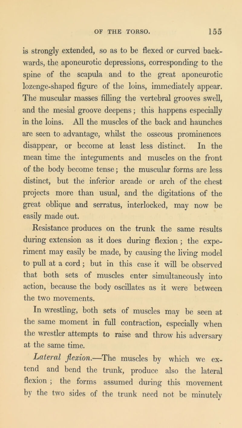 is strongly extended, so as to be flexed or curved back- wards, the aponeurotic depressions, corresponding to the spine of the scapula and to the great aponeurotic lozenge-shaped figure of the loins, immediately appear. The muscular masses filling the vertebral grooves swell, and the mesial groove deepens; this happens especially in the loins. All the muscles of the back and haunches are seen to advantage, whilst the osseous prominences disappear, or become at least less distinct. In the mean time the integuments and muscles on the front of the body become tense; the muscular forms are less distinct, but the inferior arcade or arch of the chest projects more than usual, and the digitations of the great oblique and serratus, interlocked, may now be easily made out. Resistance produces on the trunk the same results during extension as it does during flexion ; the expe- riment may easily be made, by causing the living model to pull at a cord; but in this case it will be observed that both sets of muscles enter simultaneously into action, because the body oscillates as it were between the two movements. In wrestling, both sets of muscles may be seen at the same moment in full contraction, especially when the wrestler attempts to raise and throw his adversary at the same time. Lateral flexion.—The muscles by which we ex- tend and bend the trunk, produce also the lateral flexion ; the forms assumed during this movement by the two sides of the trunk need not be minutely