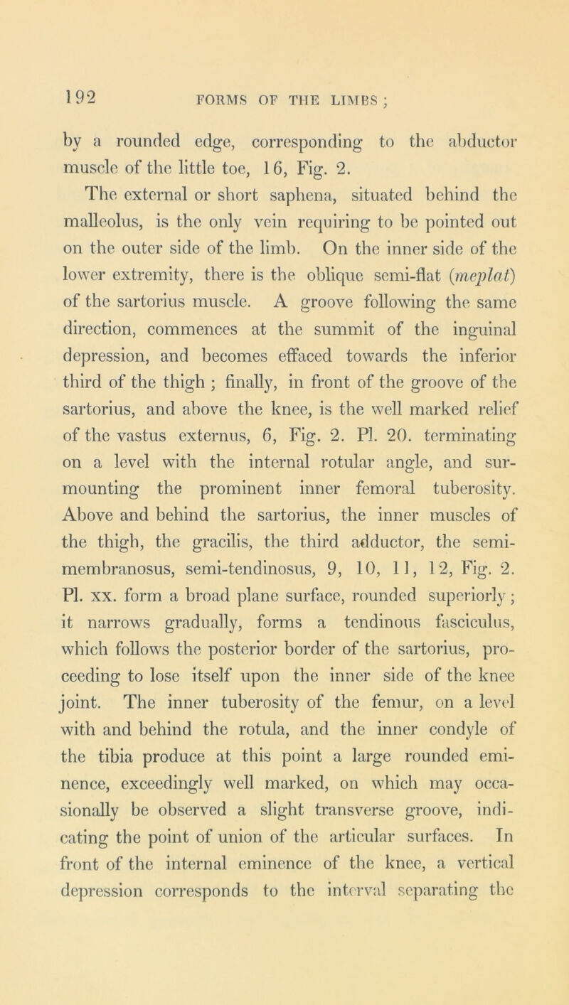 by a rounded edge, corresponding to the abductor muscle of the little toe, 16, Fig. 2. The external or short saphena, situated behind the malleolus, is the only vein requiring to be pointed out on the outer side of the limb. On the inner side of the lower extremity, there is the oblique semi-flat (meplat) of the sartorius muscle. A groove following the same direction, commences at the summit of the inguinal depression, and becomes effaced towards the inferior third of the thigh ; finally, in front of the groove of the sartorius, and above the knee, is the well marked relief of the vastus externus, 6, Fig. 2. PI. 20. terminating- on a level with the internal rotular angle, and sur- mounting the prominent inner femoral tuberosity. Above and behind the sartorius, the inner muscles of the thigh, the gracilis, the third adductor, the semi- membranosus, semi-tendinosus, 9, 10, 11, 12, Fig. 2. PI. xx. form a broad plane surface, rounded superiorly; it narrows gradually, forms a tendinous fasciculus, which foEows the posterior border of the sartorius, pro- ceeding to lose itself upon the inner side of the knee joint. The inner tuberosity of the femur, on a level with and behind the rotula, and the inner condyle of the tibia produce at this point a large rounded emi- nence, exceedingly well marked, on which may occa- sionally be observed a slight transverse groove, indi- cating the point of union of the articular surfaces. In front of the internal eminence of the knee, a vertical depression corresponds to the interval separating the