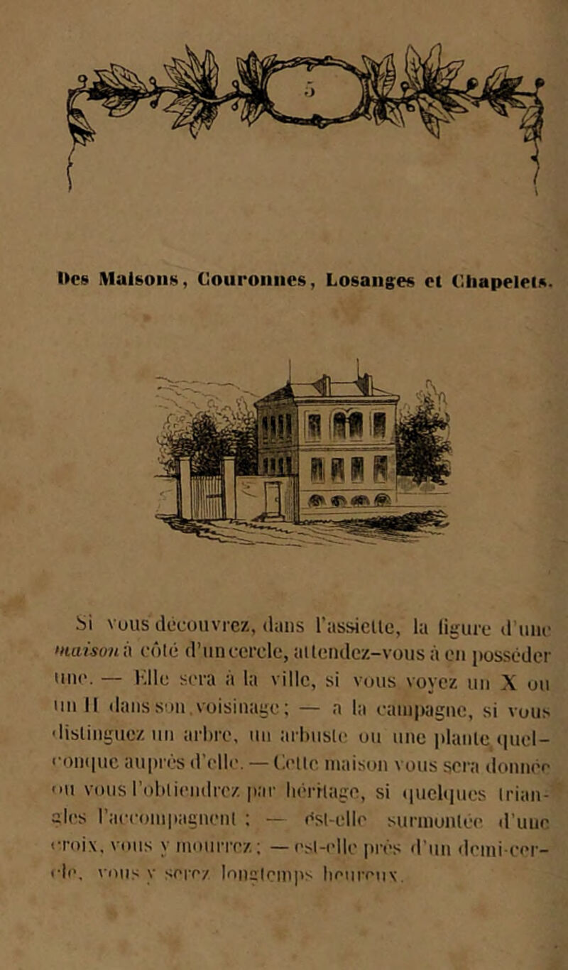 Oc8 Maisons, Couronnes, Losanges et Chapelets. Si Vous découvrez, dans rassicUe, la ligure d’une maisonix côté d’un cercle, ailendcz-vous à en posséder une. — Idlc sera à la ville, si vous voyez un X ou un 11 dans son .voisinage : — a la campagne, si vous •lislingucz un arbre, un arbusle ou une i>lanlc tpiel- eoinpic aupi'cs d’elle. — Olle maison vous sera donnée ou vous l’obliendrez par héritage, si (pieUpies Irian- ales racccjiupagnenl : — ésl-elle surmontée d’uiic • •roix, vous y mourrez; — est-elle prés d’un demi cer- ele. ^•ous y serez louiïteiiips lieiireiix.