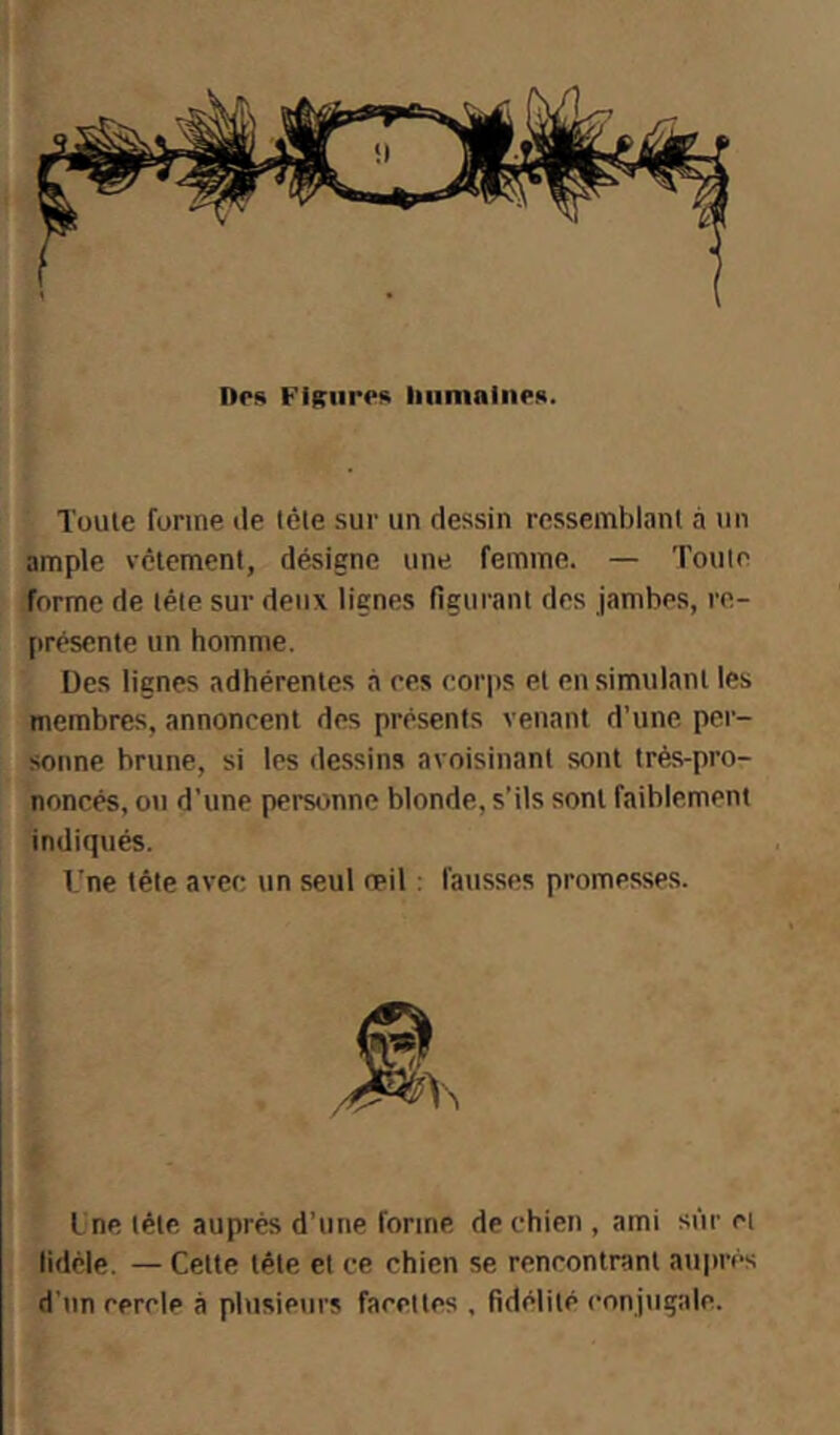 Dcü Figures humaines. Toute forme île télé sur un dessin ressemblant à un ample vêlement, désigne une femme. — Toute forme de tête sur deux lignes figurant des jambes, re- présente un homme. Des lignes adhérentes à ces corps et en simulant les membres, annoncent des présents venant d’une per- sonne brune, si les dessins avoisinant sont très-pro- noncés, OH d’une personne blonde, s’ils sont faiblement indiqués. l'ne tête avec un seul œil : fausses promesses. L ne tête auprès d’une forme de chien , ami sûr ci fidèle. — Celte tête et ce chien se rencontrant auprès d'un cercle à plusieurs facettes , fidélité conjugale.