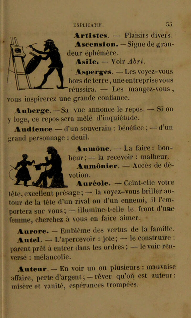 .\rtlsteFi. — Plaisirs divers. i%sccnsioii. — Signe de gran- deur éphémère. Asile. — Voir Abri. Asperçes. —Les voyez-vous hors de terre, une entreprise vous réussira. — Les mangez-vous, vous inspirerez une grande conliance. Auberge.—Sa vue annonce le repos. — Si on V loge, ce repos sera mêlé d’iiK[uiélude. Audience — d’un souverain : hénélice ; — d’un grand (lersonnage : deuil. Aiiiiiûiie. — La faire : hon- heui-; — la recevoir : malheur. . .Aumônier. — Accès de dé- votion. Auréole. — Ceint-elle votre tête,excellent présage; — la voyez-vous briller au- tour de la tète d’un rival ou d’un ennemi, il l’em- portera sur vous; — illumine-t-elle le front d’uBi; femme, cherchez à vous en faire aimer. Aurore. — Emblème des vertus de la famille. .Autel. — L’apercevoir : joie; — le construire : parent prêt à entrer dans les ordres ; — le voir ren- versé : mélancolie. .Auteur. — En voir un ou plusieurs : mauvaise affaire, perte d’argent ; — rêver (ju’oit est auteur: misiTe et vanité, espérances trompées.