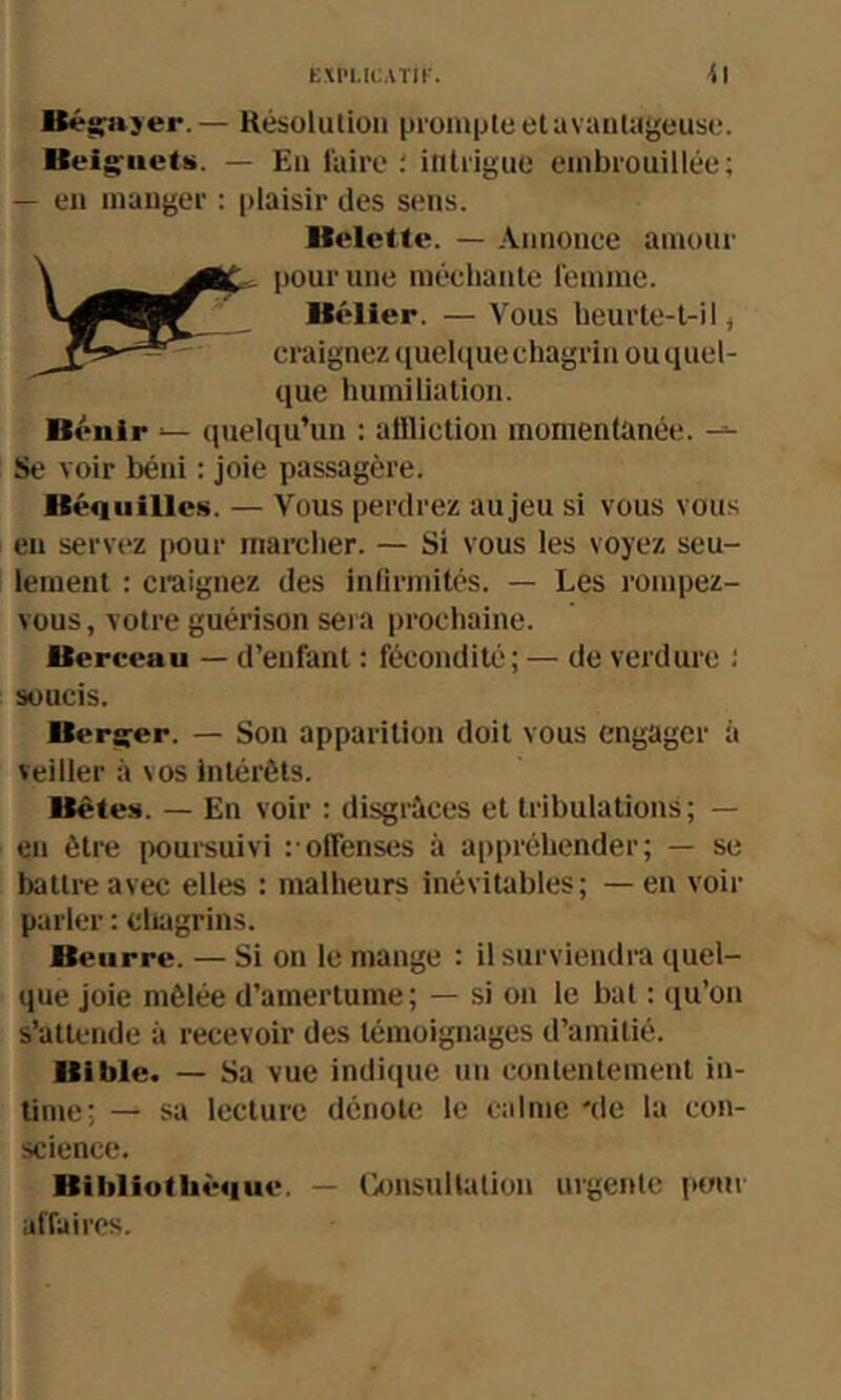 Bé^ajer.— Hésolulioii pioiuptu et avantageuse. Beig-iiets. — En faire ; intrigue embrouillée; — en manger ; plaisir des sens. Belette. — Annonee amour Bélier. — Vous heurle-l-il, craignez quelque chagrin ou quel- que humiliation. Bénir *— quelqu’un : atlliction momentanée. Se voir béni : joie passagère. Béquilles. — Vous perdrez au jeu si vous vous eu servez i)our marcher. — Si vous les voyez seu- lement : craignez des inlirmités. — Les roinpez- vous, votre guérison sera prochaine. Berceau — d’enfant : fécondité; — de verdure i soucis. Bersrer. — Son apparition doit vous engager à Veiller à vos intérêts. Bêtes. — En voir : disgrâces et tribulations; — en être poui-suivi :■ offenses à airpréhender; — se battre avec elles : malheurs inévitables; —en voir parler : cliagrins. Beurre. — Si on le mange : il surviendra quel- que joie mêlée d’amertume; — si on te bal : qu’on s’attende à recevoir des témoignages d’amitié. Bible. — Sa vue indique un contentement in- time; — sa lecture dénote le calme 'de la con- science. Bibliothèque. — Omsultation urgente poui- affaires.