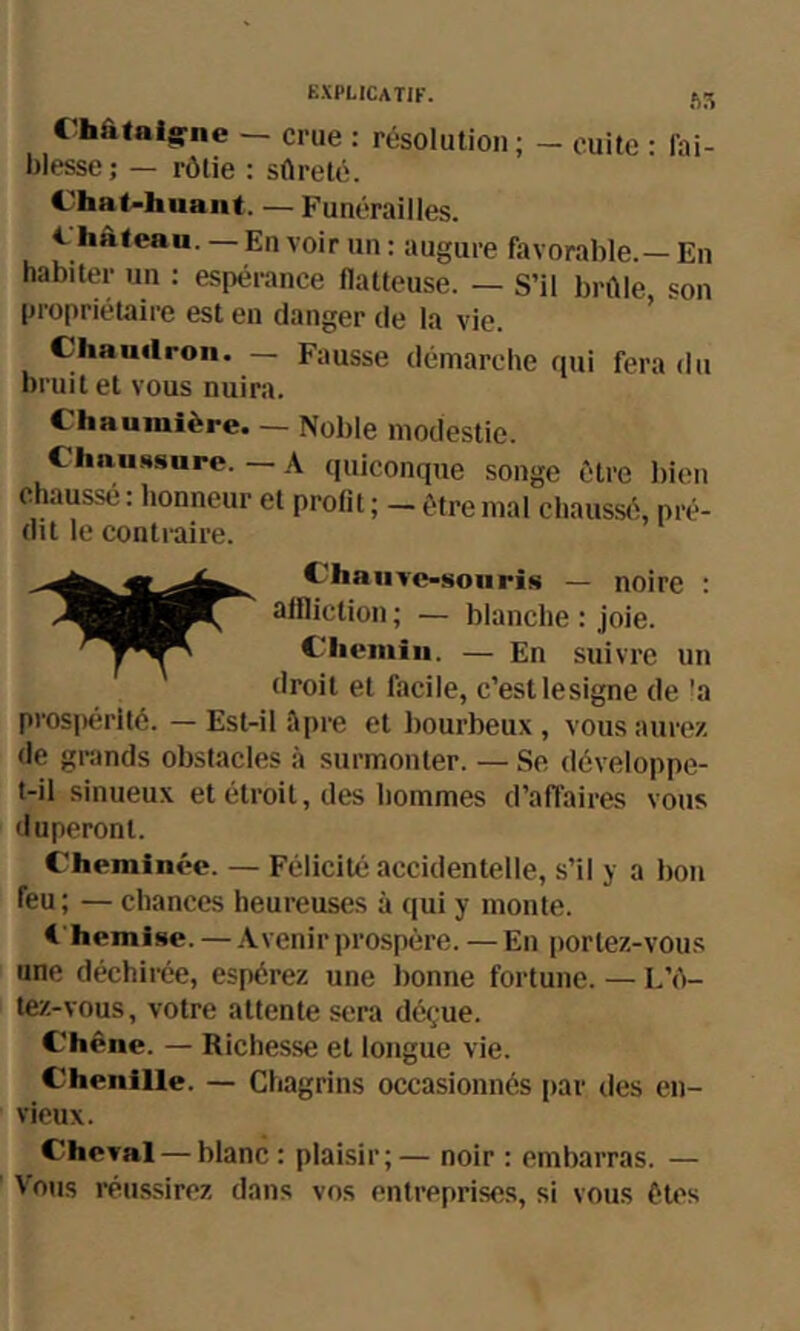 explicatif. ftS Châtaig^ne — crue : résolution; - cuite : lai- blesse; — rôtie : sûreté. Chat-huant. — Funérailles. i hateau. — En voir un : augure favorable.—En habiter un : espérance flatteuse. — S’il brûle son propriétaire est en danger de la vie. ’ Chautlron. — Fausse démarche qui fera du bruit et vous nuira. Chaumière. — Noble modestie. Chaussure. — A quiconque songe être bien chaussé : honneur et profit ; - être mal cbausst' pré- (lit le contraire. Chauve-souris — noire : affliction ; — blanche : joie. Cliemiii. — En suivre un droit et facile, c’est lesigne de 'a prosjiérlté. — Est-il ûpre et bourbeux , vous aurez de grands obstacles à surmonter. — Se développe- t-il sinueux et étroit, des hommes d’affaires vous duperont. Cheminée. — Félicité accidentelle, s’il y a bon feu ; — chances heureuses à ([ui y monte. i hemise. — Avenir prospère. — En portez-vous une déchiiée, espérez une bonne fortune. — L’ô- tez-vous, votre attente sera déçue. Chêne. — Richesse et longue vie. Chenille. — Chagrins occasionnés [lar des en- vieux. Cheval — blanc : plaisir;— noir : embarras. — Vous réussirez dans vos entreprises, si vous ôtes