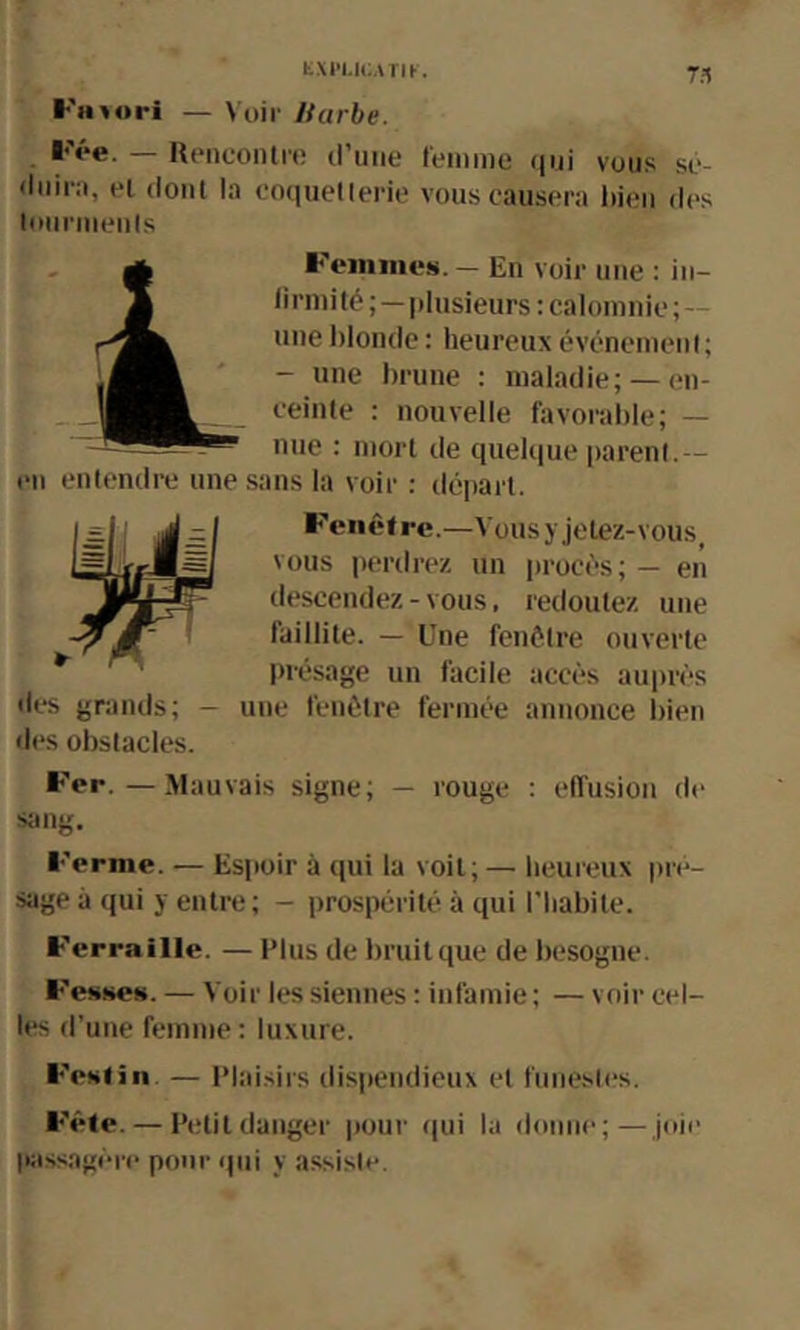 tXI’I.ICAÏlK. 7.^ FiMori — Voir Harbe. , Fée. — U(Miooiiti*î d’une leinine (pii vous se- (luini, el dont la enquellerie vous causera liien des tonrinenis A Feiniiicü. — En voir une : in- J lirmi té ;—idusieurs : calomnie ; — une l)londe : heureux événement ; - line brune : maladie; — (m- ceinte : nouvelle favorable; — une : mort de quelque parent.— i>n entendre une .sans la voir ; départ. des grands; - des obstacles. Fenêtre.—Vous y jetez-vous, vous perdrez un procès; — en descendez-vous, redoutez une faillite. — Une fenêtre ouverte présage un facile accès auprès une fenêtre fermée annonce bien —Mauvais signe; — rouge ; effusion de s;mg. Ferme. — Espoir à qui la voit; — heureux |)r('- sage à qui y entre; - prospérité à qui l’habite. Ferraille. — Plus de bruit que de Ixîsogue. Fesses. — Voir les siennes : infamie ; — voir cel- les d’une femme : luxure. Festin. — l'Iaisirs dispendieux et fnne.sles. Fête. — P(.‘tit danger pour ((ui la donne;—joie passagère pour (pii y assiste.