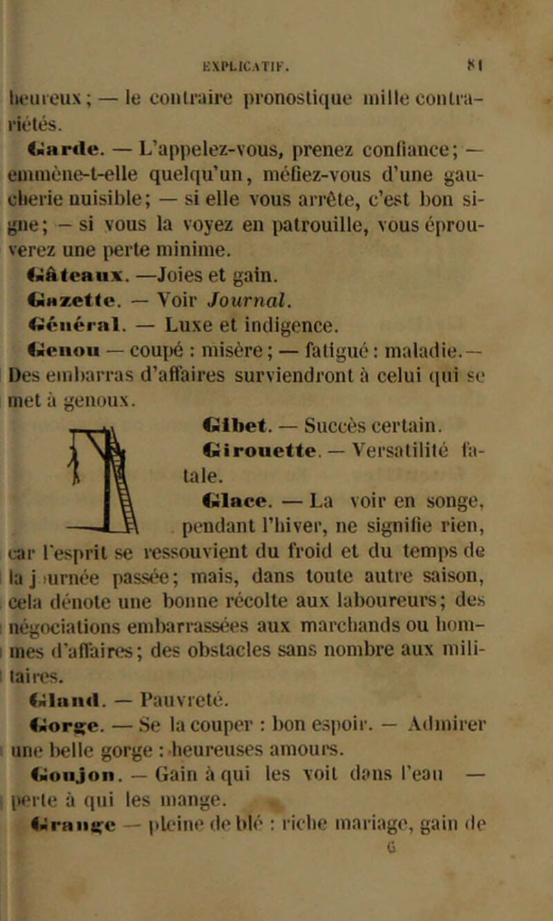 Iwuieux; — le coiUraire iironostique mille eonlni- riétés. <ilHr<le. — L’appelez-vous, prenez conliance; — emmène-l-elle quelqu’un, nioBez-vous d’une gau- clieiie nuisible; — si elle vous arrête, c’est lion si- gne; - si vous la voyez en iwtrouille, vous éprou- verez une iierte minime. (àâteaiiK. —Joies et gain. CiHzette. — Voir Journal. <it>iiéral. — Luxe et indigence. (■■ciioii — coujié : misère ; — fatigué : maladie.— Des embarras d’aft'aires surviendront à celui qui se met à genoux. Gibet. — Succès certain. Girouette. — Versatilité fa- tale. fiilace. — La voir en songe, pi'ndant l’biver, ne signilie rien. car res[irit se ressouvient du froid et du temps de la j lurnée passée; mais, dans toute autre saison, cela dénote une bonne récolte aux laboureurs; des négociations embarrassiies aux marcbands ou bom- 1 mes d'aflairis; des obstacles sans nombre aux mili- taires. Gland. — Pauvreté. fiJorçc. —Se la couper : bon espoir. — Admirer une belle gorge : heureuses amoui’s. Goujon. — Gain à qui les voit dans l’eau — l>erte à qui les mange. Grant^c pleine de blé : riche mariage, gain de