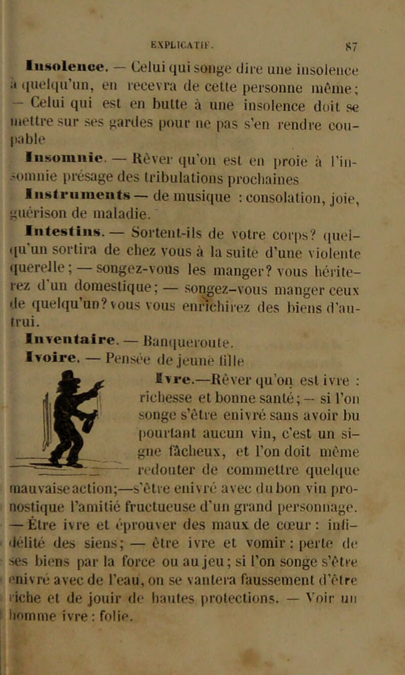 S7 liiMoleiioc. — Celui qui songe dire une insolence :t (luelqu’un, en recevra de celte personne intune; — Celui qui est en butte à une insolence doit se mettre sur ses gardes pour ne pas s’en rendre cou- pable liisomiiie. — Rêver qu’on est en ])roie à l’in- somnie présage des tribulations prochaines liiMtriiiiiciitü — de musique : consolation, joie, guérison de maladie. ■ nteütiiiK.— Sortent-ils de votre corps? quel- (jn un sortira de chez vous à la suite d’une violente (luerelle; —songez-vous les manger? vous hérite- rez d un domestique; — songez-vous manger ceux de quelqu un? vous vous ennehirez des biens d’au- trui. Inventaire. — Banqueroute. Ivoire. — Pensée déjeuné lille ^ Ivre.—Rêver qu’on est ivre : richesse et bonne sauté; — si l’on songe s’être enivré sans avoir bu VL* pourtant aucun vin, c’est un si- gne fâcheux, et l’on doit même - redouter de commettre quehine mauvaiseaction;—s’être enivré avec du bon vin pro- nostique l’amitié fructueuse d’un grand personnage. — Être ivre et éprouver des mau.x de cœur : inii- délité des siens; — être ivre et vomir: perte de ses bii'ns par la force ou au jeu; si l’on songe s’être enivré avec de l’eau, on se vantera faussement d’être riche et de jouir de lumtes protections. — ’S'oir un homme ivre : folie.