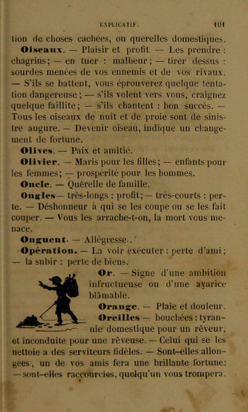 liüii lie choses cachées, ou ([uerelles doniesliques. OiKeaiix. — Plaisir et profit — Les prendre : chagrins; — en tuer : malheur; — tirer dessus ; sourdes menées de vos ennemis et de vos rivaux. — S’ils se battent, vous éprouverez quelque lenla- tion dangereuse ; — s’ils volent vers vous, craignez quelque faillite; — s’ils chantent : bon succès. — Tous les oiseaux de nuit et de [iroie sont de sinis- tre augure. — Devenir oiseau, indiiiue un change- ment de fortune. Olives. — Paix et amitié. Oli vier. — Maris pour les tilles; — enfants pour les femmes; — prospérité pour les hommes. Oncle. — Quèrelle de famille. OiiKles— très-longs ; profit;— très-courts : per- te. — Déshonneur à qui se les coupe ou se les fait couper. — Vous les arrache-t-on, la mort vous me- nace. OiifiTuent. — Allégresse..' Opération. — La voir exécuter : perte d’ami ; — la subir ; perte de biens. Or. — Signe d'une ambition infructueuse ou d'une avarice blîi niable. Orans;e. — Plaie et douleur. Oreille» — bouchées : tyran- nie domestique pour un rêveur, et inconduite [lour une rêveuse. — Celui qui se les nettoie a des serviteurs fidèles. — Sont-elles allon- gées , un de vos amis fera une brillante fortune; — sonf-eHes raccoun;ies, quelqu’un vous trompera.