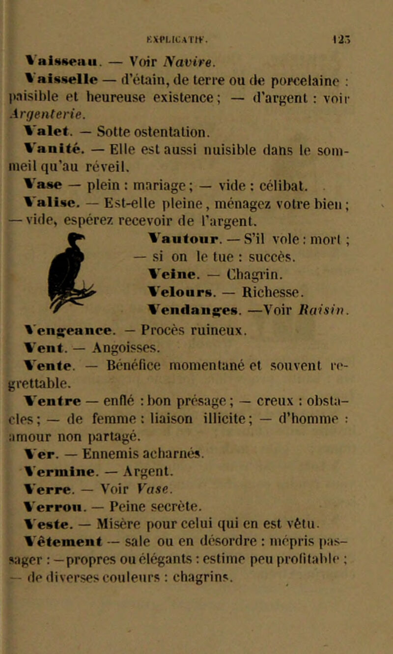 %'aiüKeHii. — Voir IVavire. VaiMHelle — d’élain, de terre ou de poreelaino ; paisible et heureuse existence; — d’argent: voir Argenterie. Valet. — Sotte ostentation, l'anité. — Elle est aussi nuisible dans le som- meil qu’au réveil. Vase — plein : mariage ; — vide : célibat. Valise. — Est-elle pleine, ménagez votre bien; — vide, espérez recevoir de l’argent. ^ Vautour. — S’il vole : mort ; — si on le tue : succès. Veine. — Chagiin. Velours. — Richesse. Vendantes. —Voir Haisin. Vençeance. — Procès ruineux. Vent. — Angoisses. Vente. — Bénéfice momentané et souvent re- grettabie. Ventre — enflé : bon pré.sage ; — creux : obsta- cles ; — de femme : liaison illicite ; — d’homme : amour non partagé. Ver. — Ennemis acharnés. Vermine. — Argent. Verre. — Voir Vase. Verrou. — Peine secrète. Veste. — Misère pour celui qui en est vêtu. Vêtement — sale ou en désordre : mépris pas- sager : —propres ou élégants : estime peu profitable ; — de diverses couleurs : chagrins.