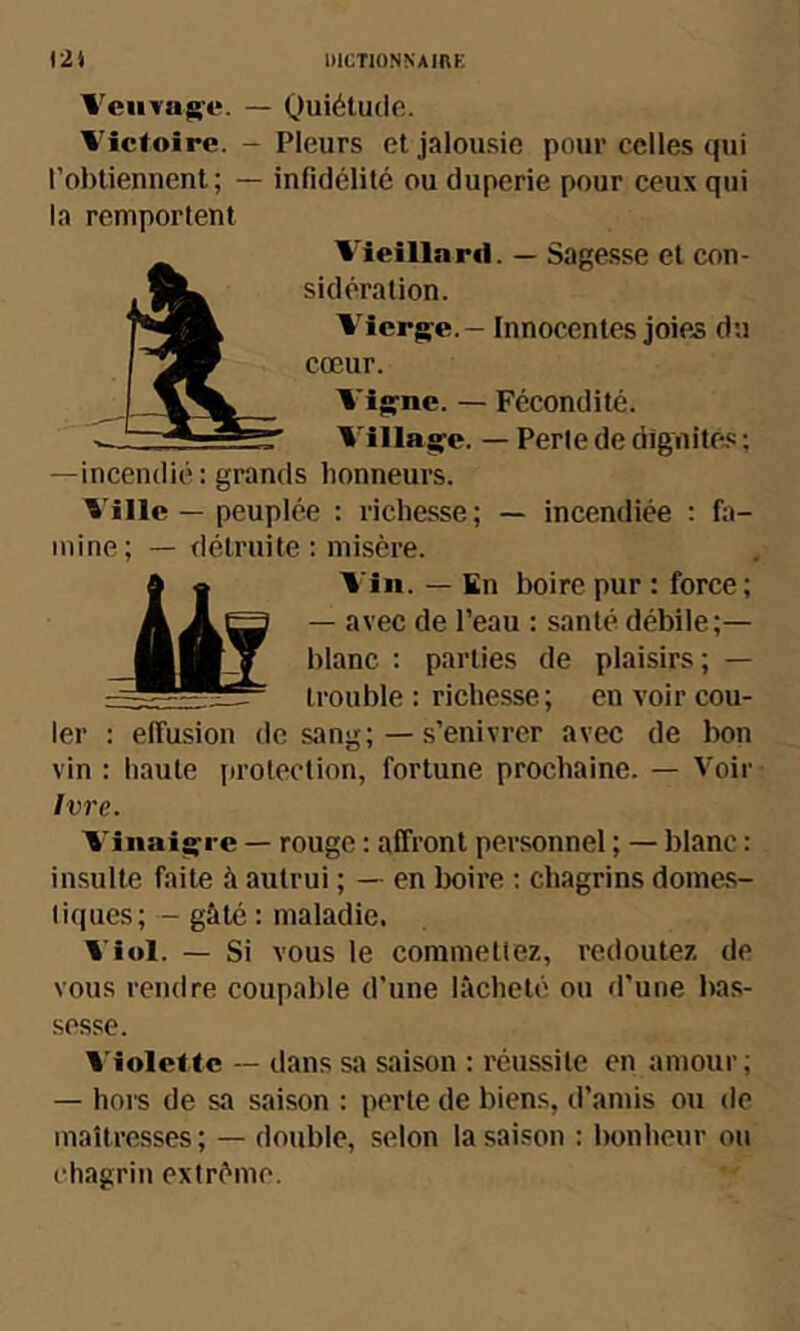 Vciivago. — Quiétude. Victoire. - Pleurs et jalousie pour celles qui l’obtiennent; — infidélité ou duperie pour ceux qui la remportent V'ieillartI. — Sage.sse et con- sidération. Vierge.— Innocentes joies du cœur. Vigne. — Fécondité. Village. — Perte de dignite.c; —incendié : grands honneurs. Ville — peuplée : richesse; — incendiée : fii- inine; — détruite : misère. A 4 Vin. — En boire pur : force ; A Xb — avec de l’eau : santé débile;— blanc : parties de plaisirs; — trouble : richesse; en voir cou- effusion de sang;—s’enivrer avec de bon 1er : vin : haute Ivre. jiroloction, fortune prochaine. — Voir V’inaigre — rouge ; affront personnel ; — blanc : insulte faite à autrui ; — en boire ; chagrins dome.s- liques; - gâté : maladie. Viol. — Si vous le commettez, redoutez de vous rendre coupable d’une lâcheté ou d’une bas- sesse. Violette ~ dans sa saison : réussite en amour ; — hors de sa saison : perte de biens, d’amis ou de maîtresses; — double, selon la saison : bonheur ou chagrin extrême.