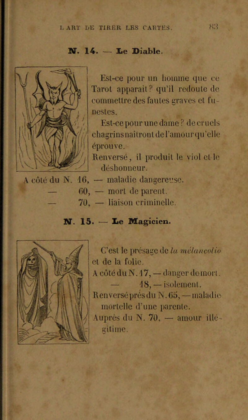 N. 14. — lie Diable. Esl-ce pour im lioiinno <iue co Tarot apparail ? cju’il rcdoule de coiiiincttre des fautes graves et fu- nestes. Esl-ce pour une dame ? île eruels chagrinsnailrontdcramouniu’clli; éprouve. Renversé, il produit le viol et le déshonneur, coté du N. IC, — maladie dangereuse. — ()ü, — mort de parent. — 7U, — liaison criminelle. TS. 15. — lie Magicien. C’est le présage lie/« méluncoHo et de la folie. A côté du N. 17, — dangei’ domort. — 18, — isolement. Renverséprèsdu iN.Co, — maladie mortelle d’une parente. Auprès du N. 7ü. — amour illc gilime.