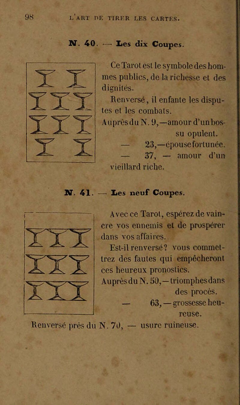 N. 40. .—• lies dix Coupes. X X XXX XXX X X Ce Tarot est le symbole des hom- mes publics, de la richesse et des dignités. Renversé, il enfante les dispu- tes et les combats. Auprèsdu N. 9,—amour d’un bos- su opulent. — 23,—épouse fortunée. — 37, — amour d’un vieillard riche. Bï. 41. — lies neuf Coupes. Avec ce Tarot, espérez de vain- cre vos ennemis et de prospérer dans vos affaires. Esl-il renversé? vous commet- trez des fautes qui empêcheront ces heureux pronostics. Auprèsdu N. 50,—iriomphesdans des procès. — 63, — giosscsse heu- reuse. Kenversc prés du N. 70, — usure ruineuse. XXX