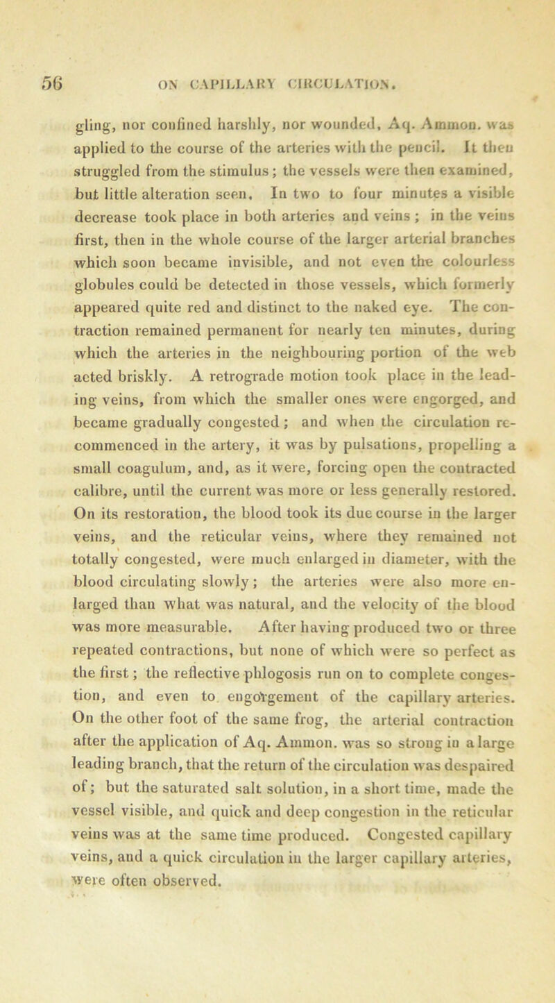 gling, nor confined harshly, nor wounded, Aq. Amuion. was applied to tlie course of the arteries with the pencil. It theu struggled from the stimulus; the vessels were then examined, but little alteration seen. In two to four minutes a visible decrease took place in both arteries and veins ; in the veius first, then in the whole course of the larger arterial branches which soon became invisible, and not even the colourless globules could be detected in those vessels, which formerly appeared quite red and distinct to the naked eye. The con- traction remained permanent for nearly ten minutes, during which the arteries in the neighbouring portion of the web acted briskly. A retrograde motion took place in the lead- ing veins, from which the smaller ones were engorged, and became gradually congested ; and w hen the circulation re- commenced in the artery, it was by pulsations, propelling a small coagulum, and, as it were, forcing open the contracted calibre, until the current was more or less generally restored. On its restoration, the blood took its due course in the larger veins, and the reticular veius, where they remained not totally congested, were much enlarged in diameter, with the blood circulating slowly; the arteries were also more en- larged than what was natural, and the velocity of the blood was more measurable. After having produced two or three repeated contractions, but none of which were so perfect as the first; the reflective phlogosis run on to complete conges- tion, and even to engoYgemeut of the capillary arteries. On the other foot of the same frog, the arterial contraction after the application of Aq. Ammon, was so strong in a large leading branch, that the return of the circulation was despaired of; but the saturated salt solution, in a short time, made the vessel visible, and quick and deep congestion in the reticular veins was at the same time produced. Congested capillary veins, and a quick circulation in the larger capillary arteries, were often observed.