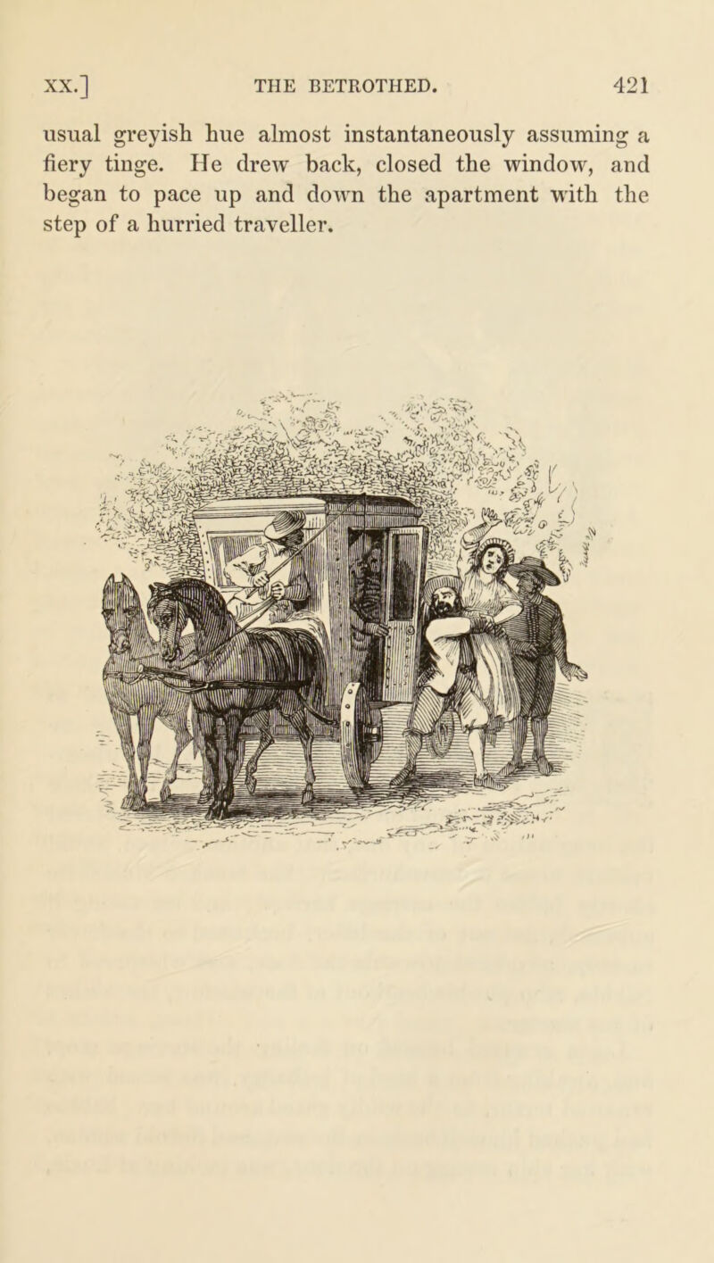 usual greyish hue almost instantaneously assuming a fiery tinge. He drew back, closed the window, and began to pace up and down the apartment with the step of a hurried traveller.