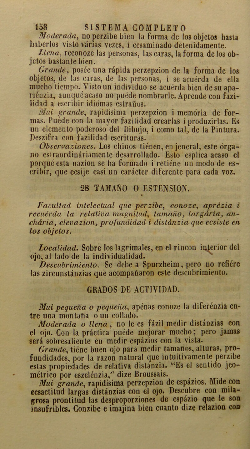 Moderada, no perzibe bien la forma de los objetos hasta haberlos visto varias vezes, i ecsaminado detenidamente. Llena, reconoze las personas, las caras, la forma de los ob- jetos bastante bien. Grande, posée una rápida perzepzion de la forma de los objetos, de las caras, de las personas, i se acuérda de ella mucho tiempo. Visto un individuo se acuérda bien de su apa- riénzia, aunqué acaso no puéde nombrarle. Aprende con fazi- lidad a escribir idiomas estraños. Mui grande, rapidísima perzepzion i memoria de for- mas. Puéde con la mayor fazilidad crearlas i produzirlas. Es un elemento poderoso del Dibujo, i como tal, de la Pintura. Deszifra con fazilidad escrituras. Observazioncs. Los chinos tiénen, en ¡eneral, este órga- no eslraordináriamente desarrollado. Esto esplica acaso el porqué esta nazion se ha formado i retiéne un modo de es- cribir, que ecsije casi un carácter diferente para cada voz. 28 TAMAÑO O ESTENSION. Facultad intelectual que perzibe, conoze, aprézia i recuérda la relativa magnitud, tamaño, largária, an- chária, elevazion, profundidad i distánzia que ecsistc en los objetos. Localidad. Sobre los lagrimales, en el rincón interior del ojo, al lado de la individualidad. Descubrimiento. Se debe a Spurzheim, pero no refiére las zircunstánzias que acompañaron este descubrimiento. GRADOS DE ACTIVIDAD. Mui pequeña o pequeña, apénas conoze la diferénzia en- tre una montaña o un collado. Moderada o llena, no le es fázil medir distánzias con el ojo. Con la práctica puéde mejorar mucho; pero jamas será sobresaliente en medir espázios con la vista. Grande, tiéne buen ojo para medir tamaños, alturas, pro- fundidades, por la razón natural que intuitivamente perzibe estas propiedades de relativa distánzia. “Es el sentido jeo- métrico por eszelénzia, dize Broussais. Mui grande, rapidísima perzepzion de espázios. Mide con ecsactitud largas distánzias con el ojo. Descubre con mila- grosa prontitud las desproporziones de espázio que le son insufribles. Gonzibe e imajina bien cuanto dize relazion con