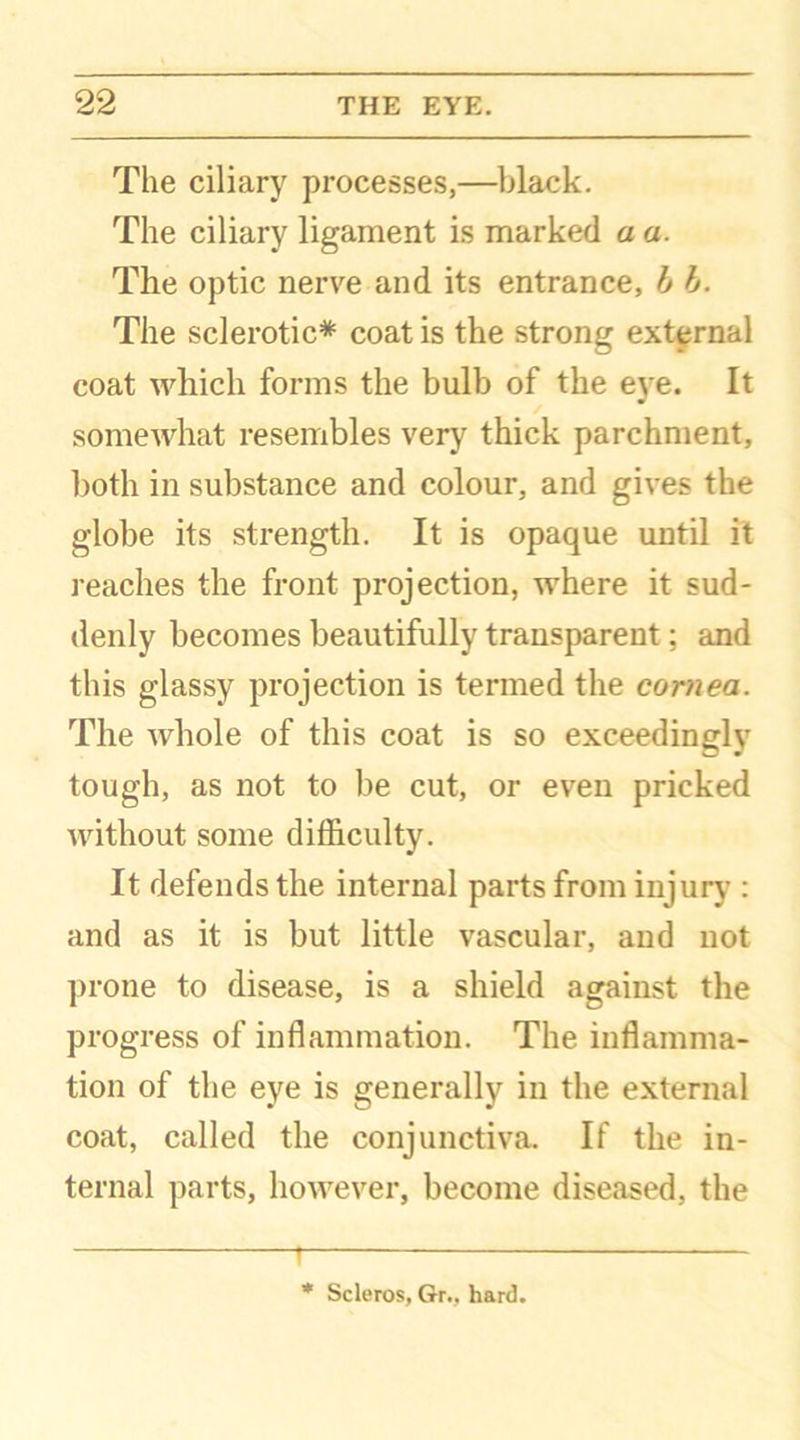 The ciliary processes,—black. The ciliary ligament is marked a a. The optic nerve and its entrance, b b. The sclerotic* coat is the strong external coat which forms the bulb of the eye. It somewhat resembles very thick parchment, both in substance and colour, and gives the globe its strength. It is opaque until it reaches the front projection, where it sud- denly becomes beautifully transparent; and this glassy projection is termed the cornea. The whole of this coat is so exceedingly tough, as not to be cut, or even pricked without some difficulty. It defends the internal parts from injury : and as it is but little vascular, and not prone to disease, is a shield against the progress of inflammation. The inflamma- tion of the eye is generally in the external coat, called the conjunctiva. If the in- ternal parts, however, become diseased, the , * Scleros, Gr., hard.