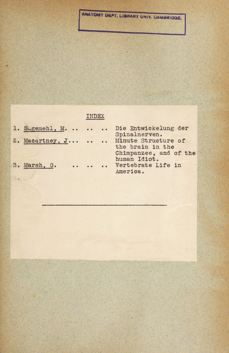 .GE ■ ;Vv. . , , ■ £ '.•••** t' • - V , .V ■ ’ v ) * > 3*1 ^';Ä; «W! Mi ; 'V. E-':' vf y.f? i ■ ■■; ■ ■ ■ ■•. - .■ « . -.. > ■ - 'VÖC Jr  i ■ X- . r ,:.y- i i : ( . X§tX 'XX .«v-v;, ■ - '/>j.\i v'. ■■..// ■ ■;■'/■ \ l ;-r-V x':*. ’ •’• • v': ; •.' '-i- • ,V>. • .,’ . 'n iL » • v^-'- > -\ ’Ä *£,-. .' ;Vx: y V VXX.XXXXrX ' ■% ~\£ ' V r‘.-- •■ ' '. X •' * NUS' v:-/ -1 - • ■ / ' V1 1 K’ •=*•''* *. MV: j-SÜ i..w .■;. j,''.s -. :(■' -'. J. X- “ -'VXl; r • (f'-y■ ' » U; m- r v. ■ 2*5 ,1t1 ■• , ’X'X. ' %,V • */l' rl-• • V- *■■ *•?:?■ X .'. tJ X ' 1 *-/-X& ;>•*>. v‘- ‘\ - Av , -. ... v^i si , ..• ' ‘ ■ . •'■•' • ' ' . i - •■ - ••'; • ■■ '• • •'■ ■■ ■.'' ■ ' ... , ..„ , • -- '?■■;.■■■ ■ ;;i-: ., !y ,\ ' X •. - mxmkM :■• . ^ te&iMtkLL&s&i 'hm vOp:,;;:: rfi'S' i/ ; :r v\ VV >Lik'' J5 V- ä,f'; -, c ; 's. •' V‘ -:' 1 ;• .y* • . ' _r \ t '■jx ;. ';'if iir X'&fki Vl&V4v*V ’■■**' .1 j ■ - l . , . f 1' iW- ■■■' ; Kv? ■r, r. sKi ' ■ / . .. ,;v ■ : - '.y , : ? .. v*n: . ■ •„.; -y »4 INDEX ■ . ‘ .-■' . .> ' ' ' t. vH Susemehl, M. « * • • .. v - „ r... - »5M-J 2. Maoartney, J... ^ # <• » Die Entwickelung der Spinalnerven. Minute Structure of the brain in the ■ «»•. m tfT,. »»• .*® i .-/V. X'.-iS? ■, '4v‘- l:' | ■, ■■ ■ Chimpanzee, and of the ? ' ■ ' y.'.l ■ z- 0 • v 3;- - i 3. Marsh. 0. # • • • # • human Idiot* Yertebrate Life in America* ' • ‘ ; | ■ . r'A-ijoiyy ;• iv-t '•■ ‘; , -■•■ MV ■' V ,'.VvJ, ■ir ei”; >>r. i'V' ' '' V y , fiü & 5.'.i ,‘jV.i i' '-v-- 'i ' • . ■ ■ - . ' vVT ;;-/Ä , . ■ c 2.2 v, V , ,-rji • ■ ■, - v ■■■ :•■'& : ' ■.■• ' ■ ■ - ■ , .’ «.'.•' ■ 5. y '.. •'.. ? ■ ■■■' •' ■>■'>', 1 . ./'y ,'v ■■•, ; f ' S . &?. ■ . . • . •' . . , , Sj :■ ' ,. ■L;; -VH.-.; ... ■ j ■ , ■ 1v ■ i y; ; l - • P ■ ■ ■ : r % i ^ '■ . ' V • -d -.; t. y,.y' c t  ■■; ■: M v;. ■ ■ ■-.• mm h||m . ;vst iV.'l ; R'Vi'H . . , . , '.; yv;: lv'.- !'■> v‘ d! J. ■ • -5 <C V ;V-V ' * c t-y;- . .. A - ■: Am t ' . 4 ■ - - ■ ■■ ; i i •J ' .y; ??a : ' ■ ■ . - .■ : r&.-i&r ' •. : iß '■ ' ■ i : ■ ' • , y ....  ■' .. £ . ' , ■ ^>.. , ■ V v , ■■..>. -.1', ■ v. H ' •: '-• ■■ i - 1 ... ' • .• '. ■■ .< t. . m n ■ v, .-/ ■ : ^ K ‘ ' ■ . ■ ■ ■ ' • • ( — . -\ • ^@9ran8BI ■ Ar- K)m v«2 Hl .MP ; . ■ ir v.f . . ■GnvH. --’ACA . ■ . ' ^ ' AA , .. ‘ i ■.*'■ ... • ■ ■ ' . ■ ' V- ■■■■:, '■■':•■ ■ . ■ • ■ ;  • • • -■r,  - •> ' : -v ■ ’ ■ '• 'T. /•' - ' - 1' *> . . , tr . ’■ t: C ’ . jv • , ' •: %üß. v:r d. Äc(:.,2 ;Av, .ti; 2 -ivf. .. , -t: ' -V'l'* W-I‘V. v ■, • krjr* A • v.^j. k' f - fJSr y ' . ’ if ■ ■ ; ' • ‘ : V i . • ••' >■ • •• < •»% J*.. ■. • ' r '%<■', •• »• • •. . > ’ . / • v- '•• ... . *>• .. ; -y^;* ■'■»■': va« ■ ■- .:. ■ '■ ■■■■■.-■ ■■ ; ,. ■ » •••■ . i ■■ ■ rif • ■ ■ ,'. , •. •.. v\ , • •■■- r;-, ■ ■ s, ■ • u-' : >•••; ■■'■-MZ-'i-- ‘ ■> '. J* 4 v.-y. ' .*•■■■ •• -i •■• .. !l- ,-'Xr -• ■ . ( >!■ . V ■' .1 , ... ' . • • ■