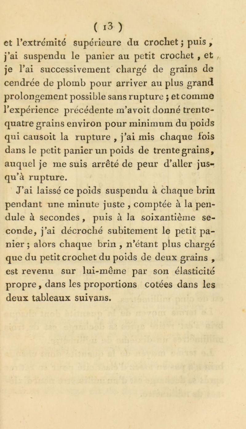 et rextrëmité supérieure du crocliet 5 puis , j’ai suspendu le panier au petit crochet , et je 1 ’ai successivement chargé de grains de cendrée de plomb pour arriver au plus grand prolongement possible sans rupture 5 et comme l’expérience précédente m’avoit donné trente- quatre grains environ pour minimum du poids qui causoit la rupture , j’ai mis chaque lois dans le petit panier un poids de trente grains, auquel je me suis arrêté de peur d’aller jus-, qu’à rupture. J’ai laissé ce poids suspendu à chaque brin pendant une minute juste , comptée à la pen- dule à secondes, puis à la soixantième se- conde, j’ai décroché subitement le petit pa- nier ; alors chaque brin , n’étant plus chargé que du petit crochet du poids de deux grains , est revenu sur lui-même par son élasticité propre, dans les proportions cotées dans les deux tableaux suivans.