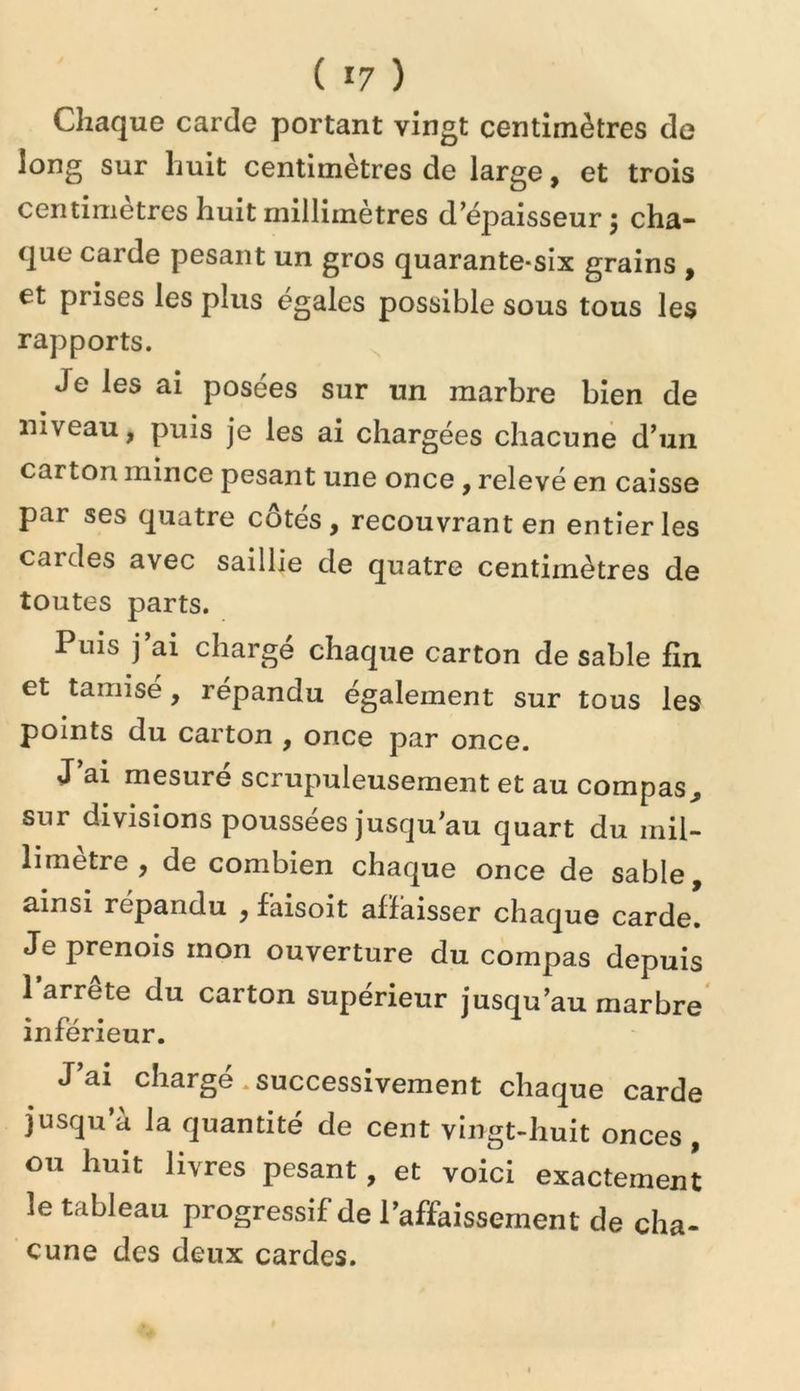 Chaque carde portant vingt centimètres de long sur huit centimètres de large, et trois centimètres huit millimètres d’épaisseur 5 cha- que carde pesant un gros quarante-six grains , et prises les plus égales possible sous tous les rapports. Je les ai posées sur un marbre bien de niveau, puis je les ai chargées chacune d’un carton mince pesant une once, relevé en caisse par ses quatre côtés, recouvrant en entier les cardes avec saillie de quatre centimètres de toutes parts. Puis j ai charge chaque carton de sable fin et tamise, répandu également sur tous les points du carton , once par once. J’ai mesuré scrupuleusement et au compas^ sur divisions poussées jusqu’au quart du mil- limètre, de combien chaque once de sable, ainsi répandu , f’aisoit affaisser chaque carde. Je prenois mon ouverture du compas depuis l’arrête du carton supérieur jusqu’au marbre inférieur. J’ai chargé.successivement chaque carde jusqu a la quantité de cent vingt-huit onces , ou huit livres pesant, et voici exactement le tableau progressif de l’affaissement de cha- cune des deux cardes.