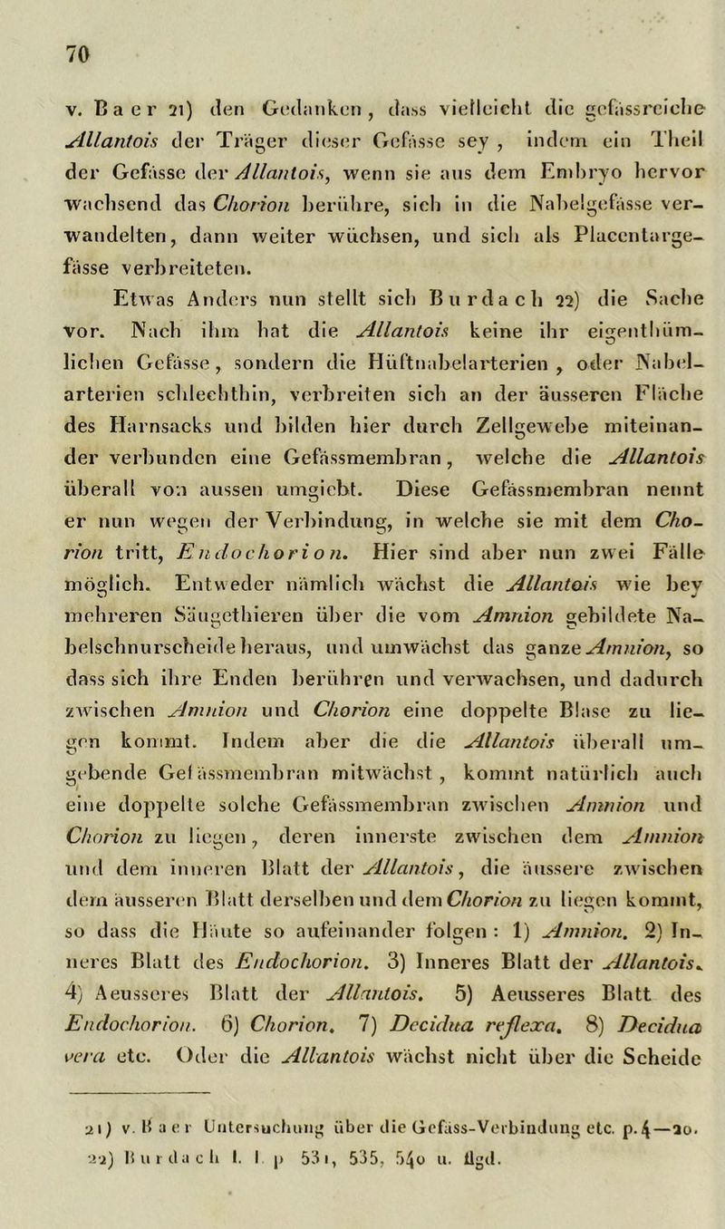 70 v. 13a er 21) den Gedanken, dass vielleicht die gcfässreiehe AUantois der Träger dieser Gefässe sey , indem ein Theil der Gefässe der AUantois, wenn sie aus dem Embryo hervor wachsend das Chorion berühre, sieh in die Nabelgefässe ver- wandelten, dann weiter wüchsen, und sicli als Placcntarge- fässe verbreiteten. Etwas Anders nun stellt sich Burdach 22) die Sache vor. Nach ihm hat die AUantois keine ihr eisrentlüim- liehen Gefässe, sondern die Hüftnabelarterien , oder Nabel- arterien schlechthin, verbreiten sieb an der äusseren Fläche des Harnsacks und bilden hier durch Zellgewebe miteinan- der verbunden eine Gefässmembran, welche die Allanlois überall von aussen umgieht. Diese Gefässmembran nennt er nun wegen der Verbindung, in welche sie mit dem Cho- rion tritt, Endochorion. Hier sind aber nun zwei Fälle möglich. Entweder nämlich wächst die AUantois wie bev mehreren Säugethieren über die vom Amnion gebildete Na- belscbnurscheide heraus, und umwächst das ganze Amnion, so dass sich ihre Enden berühren und verwachsen, und dadurch zwischen Amnion und Chorion eine doppelte Blase zu lie- gen kommt. Indem aber die die AUantois überall um- gebende Gel ässmembran mitwächst, kommt natürlich auch eine doppelte solche Gefässmembran zwischen Amnion und Chorion zu liegen, deren innerste zwischen dem Amnion und dem inneren Blatt der AUantois, die äussere zwischen dem äusseren Blatt derselben und dem Chorion zu liegen kommt, so dass die Häute so aufeinander folgen : 1) Amnion. 2) In- neres Blatt des Endochorion. 3) Inneres Blatt der AUantois. 4) Aeusseres Blatt der AUantois. 5) Aeusseres Blatt des Endochorion. 6) Chorion. 7) Dccidita rcflexa. 8) Decidna vera etc. Oder die AUantois wächst nicht über die Scheide 21) v. Ha er Untersuchung über die Gefäss-Verbindung etc. p. 4—ao.