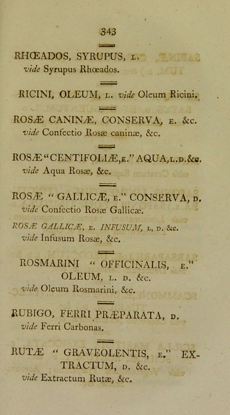 RHCEADOS, SYRUPUS, l. vide Syrupus Rhoeados. RICINI, OLEUM, l. vide Oleum Ricini. ROS.E CANIN^E, CONSERVE e. &c. vide Confectio Rosa; canina;, &c. ros^:“centifoli^:,e.”aqua,l.d.&c. vide Aqua Rosa;, &c. ROS^E “ GAELICS, e.” CONSERVA, d. vide Confectio Rosa; Gallics. ROSyE GALLICM% e. INFO SUM, l, d. &c. vide Infusum Ross, &c. ROSMARINI “ OFFICINALIS, e.” OLEUM, l. d. &c. vide Oleum Rosmarini, &c. RUBIGO, FERRI PR.EPARATA, d. • * vide Ferri Carbonas. RUT^E “ GRAVEOLENTIS, e.” EX- TRACTUM, d. &c. vide Extractum Rutce, &c.