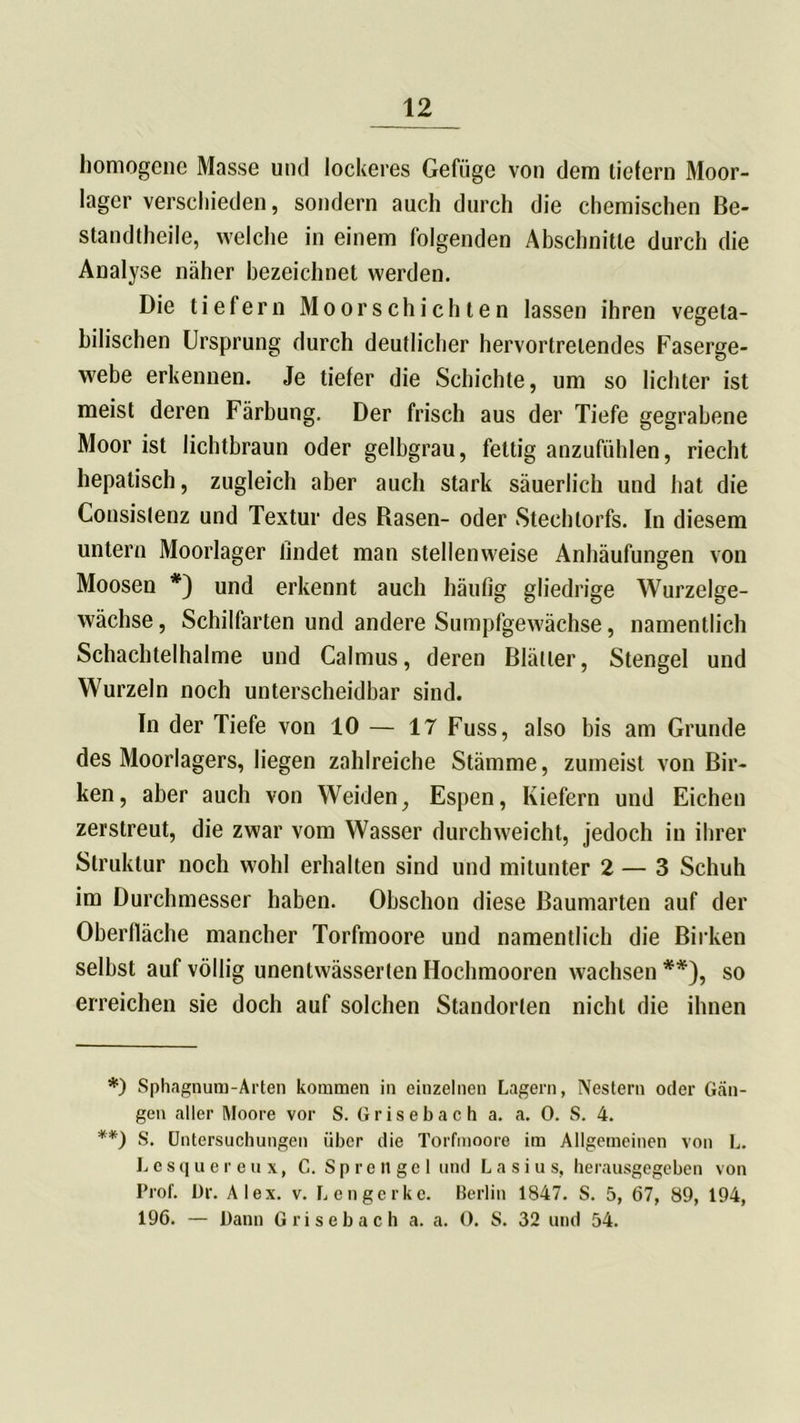 homogene Masse und lockeres Gefüge von dem liefern Moor- lagcr verschieden, sondern auch durch die chemischen Be- standtheile, welche in einem folgenden Abschnitte durch die Analyse näher bezeichnet werden. Die tiefem Moorschichten lassen ihren vegeta- bilischen Ursprung durch deutlicher hervortretendes Faserge- webe erkennen. Je tiefer die Schichte, um so lichter ist meist deren Färbung. Der frisch aus der Tiefe gegrabene Moor ist lichtbraun oder gelbgrau, fettig anzufühlen, riecht hepatisch, zugleich aber auch stark säuerlich und hat die Consistenz und Textur des Rasen- oder Stechtorfs. In diesem untern Moorlager findet man stellenweise Anhäufungen von Moosen *) und erkennt auch häufig gliedrige Wurzelge- wächse , Schilfarten und andere Sumpfgewächse, namentlich Schachtelhalme und Calmus, deren Blätter, Stengel und Wurzeln noch unterscheidbar sind. In der Tiefe von 10 — 17 Fuss, also bis am Grunde des Moorlagers, liegen zahlreiche Stämme, zumeist von Bir- ken, aber auch von Weiden, Espen, Kiefern und Eichen zerstreut, die zwar vom Wasser durchweicht, jedoch in ihrer Struktur noch wohl erhalten sind und mitunter 2 — 3 Schuh im Durchmesser haben. Obschon diese Baumarten auf der Oberfläche mancher Torfmoore und namentlich die Birken selbst auf völlig unentwässerten Hochmooren wachsen **), so erreichen sie doch auf solchen Standorten nicht die ihnen *) Sphagnum-Arten kommen in einzelnen Lagern, Nestern oder Gän- gen aller Moore vor S. Grisebach a. a. 0. S. 4. **) S. Untersuchungen über die Torfmoore im Allgemeinen von L. Lesquereux, C. Sprengel und L a s i u s, herausgegeben von Prof. L)r. Alex. v. Lengerkc. Berlin 1847. S. 5, 67, 89, 194, 196. — Dann Grisebach a. a. 0. S. 32 und 54.