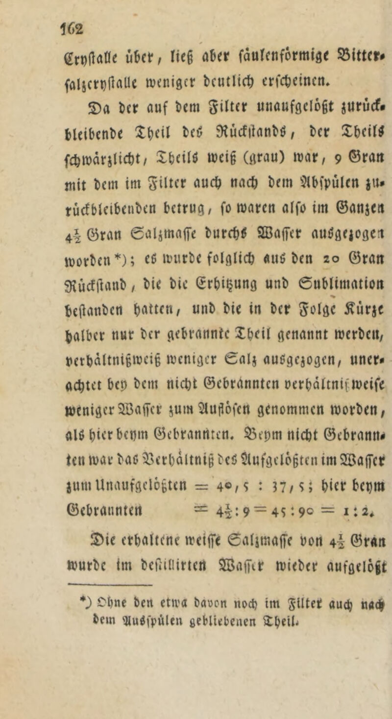 16 2 grutfafle übet, lieg aber fäulcnformige Sitter# faljerbflalle weniger bcutlich erfcheinen* ©a ber auf bem Silter unaufgelogt surücf» bleibende Xbeil beß SKüefitanbß, ber Sbcifß fehwärjlieht, X&eilß weiß (grau) war, 9 ©ran mit bem im SÜtcr auch nach bem Slbfpülen §u* rücfbleibenbcn betrug, fo waren alfo im ©anjett 4| ©ran ©al$mafie burefjö 933affer außgejogei worben*); cß würbe folglich auß ben 20 ©ran SKücfftanb, bie bic Gerbung unb Sublimation fceßanbcn hatten, unb bie in ber Solgc Äürjc halber nur ber gebrannte £bcil genannt werbett, rerbaltnißweiß weniger Salj außgejogen, uner# achtet ben betn nicht ©ebrannten oerbdltnif weife wenigerSöaffer ;um Slußofen genommen worben, alß hierbegm ©ebranriten. Sepm nicht ©ebramt# tett war baß Serbdltniß beß $lufgelo§ten im SBaficr jumUnaufgeloßten = 40, s : 37/s; hier bepm ©ebrannten == 4i:9 = 4S‘.9o = 1:2* ©ie erhaltene wetffe Saljmaffe bon 4-| ©ran würbe im beßiOirtert SBafftr wieber aufgelegt *) C'hne ben etiva bauen noch tm ßlltet auch bem «UuÄfpfilen gebliebenen £betb