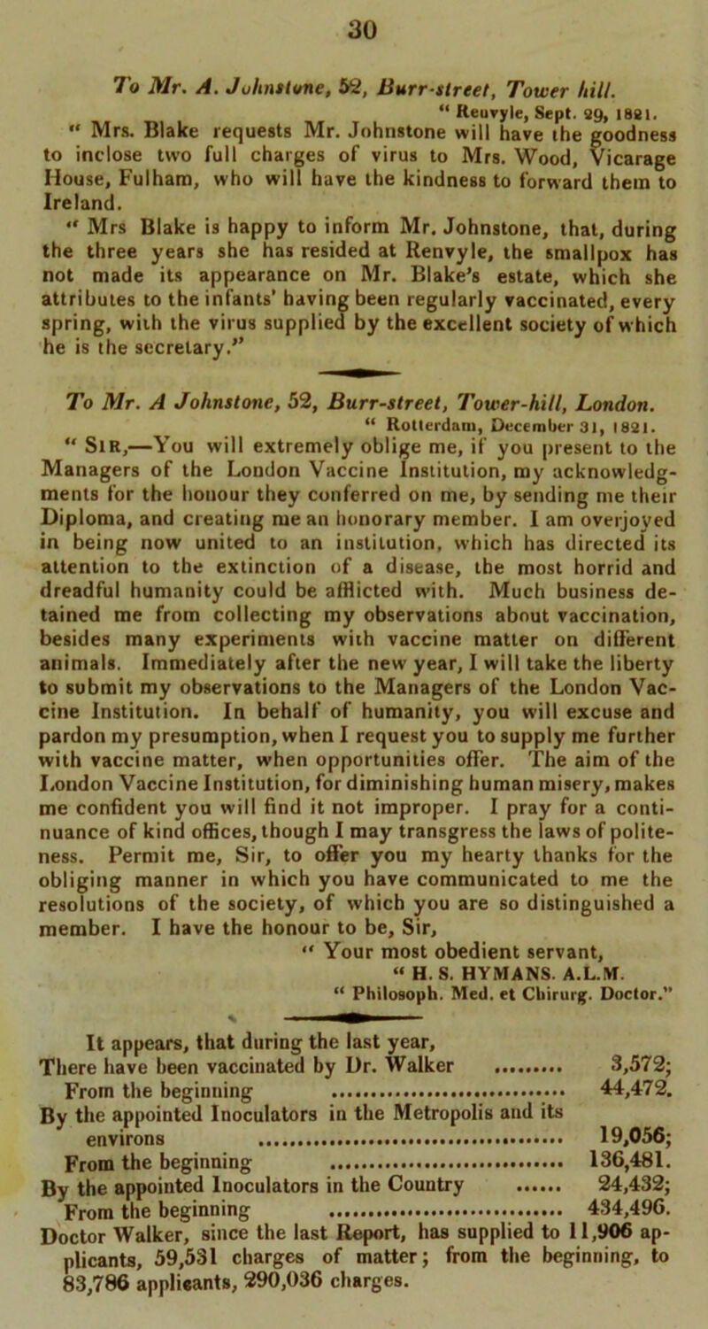 To Mr. A. Johnstone, 52, Burr-street, Tower hill. “ Reuvylc, Sept. 29, 1821. *' Mrs. Blake requests Mr. Johnstone will have ihe goodness to inclose two full charges of virus to Mrs. Wood, Vicarage House, Fulham, who will have the kindness to forward them to Ireland. “ Mrs Blake is happy to inform Mr. Johnstone, that, during the three years she has resided at Renvyle, the smallpox has not made its appearance on Mr. Blake’s estate, which she attributes to the infants’ having been regularly vaccinated, every spring, with the virus supplied by the excellent society of w hich he is the secretary.” To Mr. A Johnstone, 52, Burr-street, Tower-hill, London. “ Rotterdam, December 31, 1821. “ Sir,—You will extremely oblige me, if you present to the Managers of the London Vaccine Institution, my acknowledg- ments for the honour they conferred on me, by sending me their Diploma, and creating me an honorary member. I am overjoyed in being now united to an institution, which has directed its attention to the extinction of a disease, the most horrid and dreadful humanity could be afflicted with. Much business de- tained me from collecting my observations about vaccination, besides many experiments with vaccine matter on different animals. Immediately after the new year, I will take the liberty to submit my observations to the Managers of the London Vac- cine Institution. In behalf of humanity, you will excuse and pardon my presumption, when I request you to supply me further with vaccine matter, when opportunities offer. The aim of the London Vaccine Institution, for diminishing human misery, makes me confident you will find it not improper. I pray for a conti- nuance of kind offices, though I may transgress the laws of polite- ness. Permit me, Sir, to offer you my hearty thanks for the obliging manner in which you have communicated to me the resolutions of the society, of which you are so distinguished a member. I have the honour to be. Sir, “ Your most obedient servant, “ H.S. HYMANS. A.L.M. “ Philosoph. Med. et during. Doctor.” It appears, that during the last year. There have been vaccinated by Dr. Walker 3,572; From the beginning 44,472. By the appointed Inoculators in the Metropolis and its environs 19,056; From the beginning 136,481. By the appointed Inoculators in the Country 24,432; From the beginning 434,496. Doctor Walker, since the last Report, has supplied to 11,906 ap- plicants, 59,531 charges of matter; from the beginning, to 83,786 applicants, 290,036 charges.