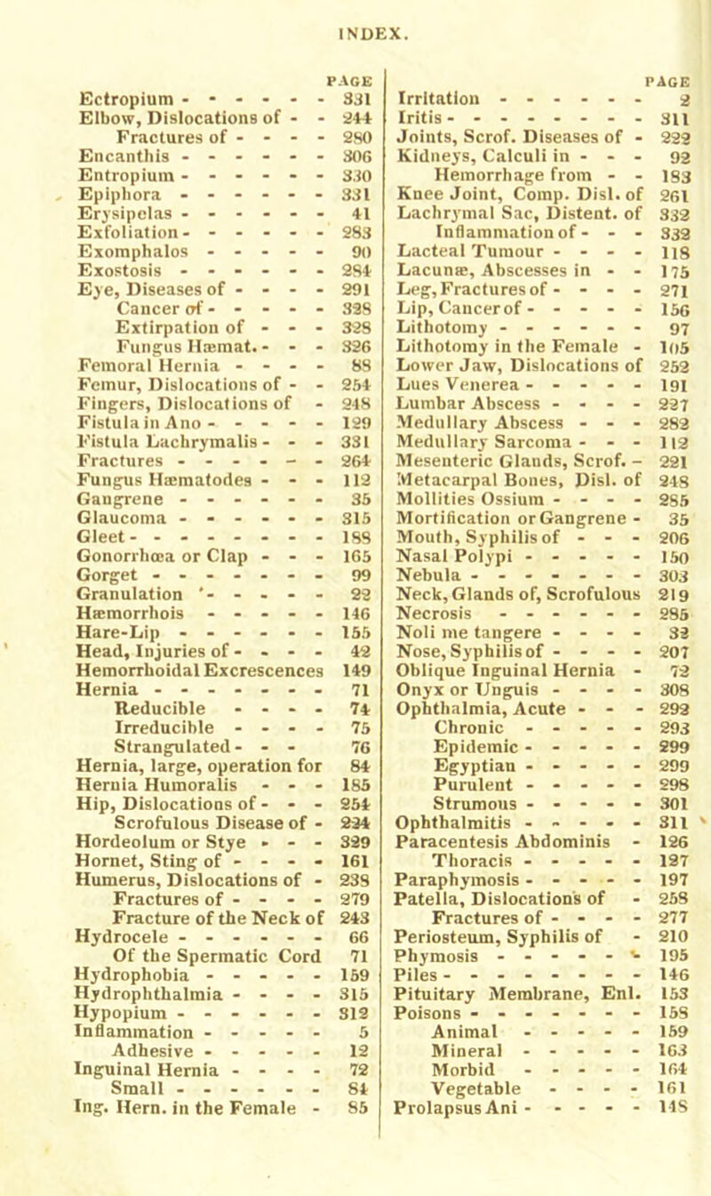 P.\G£ page Gctropium - - - - Sdl Irritation 2 Elbow, Dislocations of • Iritis ........ 311 Fractures of - - - 2S0 Joints, Scrof. Diseases of . 222 Eiicanthis . - - - SOG Kidneys, Calculi in . . . 92 Entropium - - - - 3.10 Hemorrhage from . . 183 Epiphora . - - - 331 Knee Joint, Comp. Disl. of 261 Erysipelas .... - - 41 Lachrymal Sac, Distent, of 333 Exfoliation. ... 283 Inflammation of. . • 332 Exomphalos ... 90 Lacteal Tumour .... 118 Exostosis .... 28* Lacunse, Abscesses in . . 175 Eye, Diseases of . . - . 291 Leg, Fractures of - . . . 271 Cancer of - - - 338 Lip, Cancerof. . . . . 156 Extirpation of - - - 328 Lithotomy ------ 97 Fungus H®mat. - - - 326 Lithotomy in the Female . 105 Femorai Hernia - - . . 88 Lower Jaw, Dislocations of 253 Femur, Dislocations of - 25* Lues Venerea ..... 191 Fingers, Dislocations of 948 Lumbar Abscess .... 227 Fistula in Ano - - - 129 Medullary Abscess - - - 283 Fistula Laclirymalis . - - 331 Medullary Sarcoma ... 113 Fractures - - - - - - 26* Mesenteric Glands, Scrof. - 221 Fungus Haimafoctes - - . 112 Metacarpal Bones, Disl. of 2-18 Gangrene .... 35 Mollities Ossinm .... 285 Glaucoma .... 315 Mortification or Gangrene . 35 Gleet...... 188 Mouth, Syphilis of . . . 206 Gonorriicca or Clap - - - 165 Nasal Polypi ..... 150 Gorget ..... 99 Nebula ....... 303 Granulation - « 29 Neck, Glands of. Scrofulous 219 Hasmorrliois ... 1*6 Necrosis ------ 285 Hare.Lip .... 155 Noli me tangere .... 32 Head, Injuries of . . - - 42 Nose, Syphilis of . . . . 207 Hemorrhoidal Excrescences 149 Oblique Inguinal Hernia . 73 Hernia ..... 71 Onyx or Unguis .... 308 Reducible - . - - 74 Ophthalmia, Acute ... 293 Irreducible . . . . 75 Chronic ----- 293 Strangulated. . - 76 Epidemic ..... 299 Hernia, large, operation for 84 Egyptian ..... 299 Hernia Humoralis • - 185 Purulent ..... 298 Hip, Dislocations of . . 25* Strumous - - - • - 301 Scrofulous Disease of . 224 Ophthalmitis ..... 311 ' Hordeolum or Stye • . 329 Paracentesis Abdominis . 126 Hornet, Sting of - . • • 161 Thoracis ..... 197 Humerus, Dislocations of . 238 Paraphymosis ..... 197 Fractures of - . . 279 Patella, Dislocation's of 258 Fracture of the Neck of 243 Fractures of - - . - 277 Hydrocele .... 66 Periosteum, Syphilis of 210 Of the Spermatic Cord 71 Phymosis ..... ^. 195 Hydrophobia - - - 159 Piles -------- 1*6 Hydrophthalraia . . . 315 Pituitary Membrane, Enl. 153 Hypopium .... - 312 Poisons ....... 158 Inflammation ... 5 Animal ..... 159 Adhesive ... 12 Mineral ..... 163 Inguinal Hernia . - - . 72 Morbid ..... 16* Small .... 81 Vegetable .... 161 Ing. Hern, in the Female - 85 Prolapsus Ani ..... 118