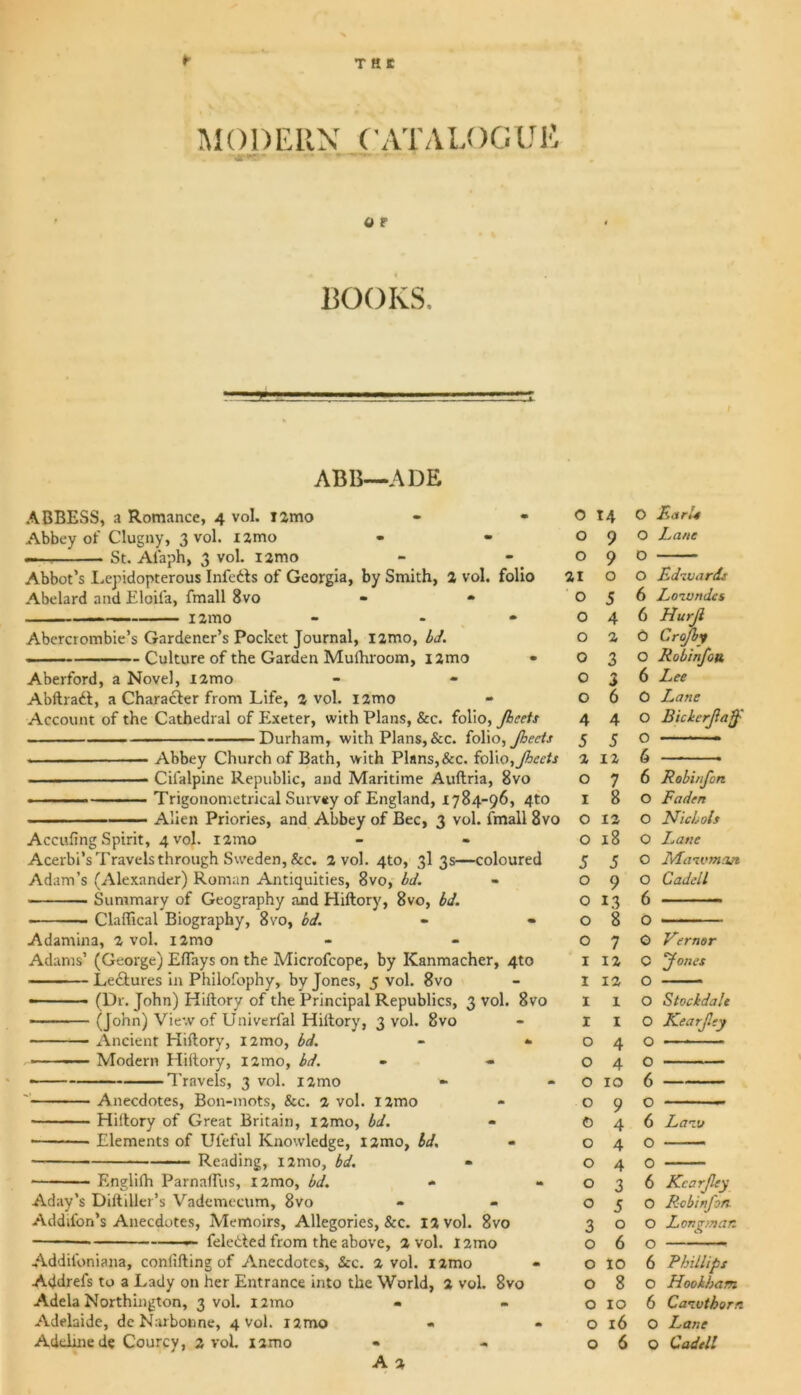 MODERN CATALOGUE O F BOOKS. ABB—ADE ABBESS, a Romance, 4 vol. tamo Abbey of Clugny, 3 vol. xzmo • - St. Alaph, 3 vol. i2mo Abbot’s Lepidopterous Infe&s of Georgia, by Smith, 2 vol. folio Abelard and Eloifa, fmall 8vo - - l2mo - - Abercrombie’s Gardener’s Pocket Journal, l2mo, bd. ■ Culture of the Garden Mulhroom, i2mo Aberford, a Novel, X2mo Abftradt, a Character from Life, 2 vol. i2mo Account of the Cathedral of Exeter, with Plans, &c. folio, Jhcets — Durham, with Plans, &c. folio, Jhects Abbey Church of Bath, with Plans,&c. folio, Jhcets ■ Cilalpine Republic, and Maritime Auftria, 8vo ■ ■ ■ ■ Trigonometrical Survey of England, 1784-96, 4to ■ ■■ ■ Alien Priories, and Abbey of Bee, 3 vol. fmall 8vo Accufing Spirit, 4 vol. i2mo Acerbi’s Travels through Sweden, &c. 2 vol. 4to, 3I 3s—coloured Adam's (Alexander) Roman Antiquities, 8vo, bd. Summary of Geography and Hiftory, 8vo, bd. Claffical Biography, 8vo, bd. Adamina, 2 vol. i2mo Adams’ (George) Eftays on the Microfcope, by Kanmacher, 4to Le&ures in Philofophy, by Jones, 5 vol. 8vo —- ■ ■ ■ - (Dr. John) Hiftory of the Principal Republics, 3 vol. 8vo ■ (John) View of Univerfal Hiftory, 3 vol. 8vo ■- Ancient Hiftory, nmo, bd. - *> ... Modern Hiftory, 12010, bd. - - ■ Travels, 3 vol. nmo Anecdotes, Bon-mots, &c. 2 vol. nmo Hiftory of Great Britain, nmo, bd. Elements of Ufeful Knowledge, !2mo, bd. - Reading, i2mo, bd. Engliih Parnaftlis, nmo, bd. Aday’s Dilliller’s Vademecum, 8vo Addifon’s Anecdotes, Memoirs, Allegories, &c. 12 vol. 8vo —— feledled from the above, 2 vol. nmo Addifoniana, conliftine of Anecdotes, Sec. 2 vol. nmo Addrefs to a Lady on her Entrance into the World, 2 vol. 8vo Adela Northington, 3 vol. nmo Adelaide, de Narbonne, 4 vol. nmo « A 2 0 : 14 O FctrU 0 9 O Lane 0 9 D 21 0 O Edwards 0 5 6 Lowndes 0 4 6 Hurjl 0 2 0 Crojbt 0 3 O Jiobinfott 0 3 6 Lee 0 6 0 Lane 4 4 O Bickerftaff 5 5 O 2 12 6 0 7 6 Robinfon 1 8 O Faden 0 12 O Nicbols 0 18 O I.atie 5 5 O Mawmcm 0 9 O Cadell 0 1.3 6 0 8 0 0 7 0 Vernor 1 12 0 'Jones 1 12 O 1 X O Stocidale 1 1 O Kearjley 0 4 O 0 4 0 0 10 6 0 9 O 0 4 6 Law 0 4 O 0 4 0 0 3 6 Kcarjley 0 5 0 Robinfon 3 0 O Longman 0 6 O 0 xo 6 Phillips 0 8 0 Hookbam 0 10 6 Cawtbora 0 16 O Lane 6