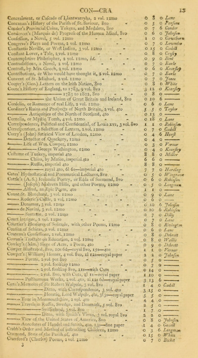 15 CON—CRA Concealment, or Cafcade of Llanlwarryha, 2 vol. i2mo Concanan’s Hiitory of the Parifh of St. Saviour, 8vo ■* * Conder’s Provincial Coins, Tokens, and Medalets, 8vo Condorcet’s (Marquis Je) Progrefs of the Human Alind, 8vo Confelfon, a Novel, 5 vol. l2mo Congreve’s Plays and Poems, 2 vol. i2mo Conftantia Neville, or Well Indian, 3 vol. i2mo Conllant Lover, a Tale, 2 vol. nmo Contemplative Philofopher, 2 vol. i2mo, Id. Contradictions, a Novel, 2 vol. i2mo Contrail, by Mrs. Gooch, 2 vol. i2ino Contributions, or Who would have thought it, 2 vol. 121110 Convent of St. Michael, 2 vol. nmo Cooper’s (Geo.) Letters on the Iriih Nation, 8vo Cootc’s Hiitory of England, to 1783, 9 vol. 8vo «- ■ 1783 to 1802, 8vo * tile Union of Great Britain and Ireland, 8vo Cordelia, or Romance of real Life, 2 vol. i2mo Cordiner’s Ruins and ProipeCts of North Britain, 2 vol. 4X0 • • Antiquities of the North of Scotland, 4X0 Cornelia, or Myltic Tomb, 4 vol. i2mo Correlpondence, Political and Confidential, of Louis xvi, 3 vol. 8vo Correlpcndent, a Selection of Letters, 2 vol. nmo Corry’s (John) Satirical View of London, 12010 *- DeteClor of Quackery, 12 mo - i Life of Wm. Cowper, i2mo George Walhington, 12mo Colfume of Turkey, imperial 4to * China, by Malbn, imperial 4X0 * Rullia, imperial 4to ■ royal 4to, 61 6s—imperial 4to Cotes’ Hydroftatical and Pneumatical Lectures, 8vo Cottle’s (A. S.) Icelandic Poetry, orEdda of Saeraund, 8vo (Jofeph) Malvern Hills, and other Poems, nmo Alfred, an Epic Pqpm, 4to Count St. Blanchard, 3 vol. 121110 ■ Roderic’s Caftle, 2 voL l2tno Donamar, 3 vol. 12 mo - - - — ■ - de Novini, 3 vol. nmo Santetre, 2 vol. 121110 - - Court Intrigue, 2 vol. 1 zono - Courtier’s PJeaiures of Solitude, with other Poems, X2mo Couiins of Schiras, 2 vol. 121110 ... Couteau’s Confeffons, 2 vol..i2mo Cowan’s Tractate on Education, 2 vol. l2mo Cowley’s (Mrs.) Siege of Acre, a Poem, 4to - Cowper llluftrated, ,8vo, ios6d:—royal 8vo, 15s—4to Cowper’s (William) Homer* 4 vol. 8vo, xl X2s—-royal paper Poems, 2 vol pot 8vo - — .... 2 yol. fooil'cap nmo - — 2 vol. fooil'cap 8vo, ns—with Cuts * vol. 8vo, with Cuts, x.1 is—royal paper Podhumous Works, 2 vol. 4to, 2i 12s 6d—royal paper Coxa’s Ademoirs of Sir Robert Walpole, 3 vol. Bvo Ditto, with Correfpondence, 3 vol. 4to * Horatio, Lord Walpole, 4X0, 3I3S—royal paper * -Tour in MonmouthOiire, 2 vpl. 4to ■ Travels in Ruffin, Sweden, and Denmark, 5 vol. 8vo Svvif(trland, 3 vol. Bvo Ditto, with Smith's Views, 3 vol. royal 8vo * View of the United States of America, 8vo * Anecdotes of I landel and Smith, 4x0, 13s—fine paper Crabb’s Order and Method of inftrudtiug Children, nmo Cramond, State of the Parifh of, 4to - . 3 0 8 O Lam 0 5 O Rarfunt 0 7 6 Conder 0 6 0 Johnfoit I 0 O Ca'uithorit- 0 7 O Loivndc» 0 A? O Cj licit 0 8 O CroJlj 0 9 O Lent 0 7 O Earle 0 6 0 Kear/Ly 0 7 O Earle 0 7 0 (Jones 0 8 O IVbite n O 12 O Kearjley 0 8 O 0 10 6 0 6 O Lane 5 5 O Taylor 0 13 O 0 18 O Lane 1 X O Rubinfan 0 7 O Cadcdl 0 4 6 Hurjl 0 4 O 0 3 O Vernor 0 4 0 Kearjlef 8 8 O Miller 6 6 O 8 8 O 7 7 O Harding a J 0 IVingrave O' 6 O R&hinjtm 0 J O Longman 1 1 O 0 9 O Lane 0 6 O c xo 6 'johitjan 0 IO 6 Rahilij,hu 3 7 O B illy 0 7 O Lane 0 8 0 Riving! an 0 6 O J.,ane 0 8 O Drbrctt 0 8 O Wallis 0 9 O Bcbreit X i O Vtrnor 2 2 O eJabnJoit O J O . O 7 O O 14 O I 10 O 3 13 6 1 4 O Cadclt 3 ij O 5 5 O 4 4 O 2 5 O — I 7 O 2 2 O O 8 O jbobnjcx I 4 O Caa ell O 3 6 Longing O 15 O White.