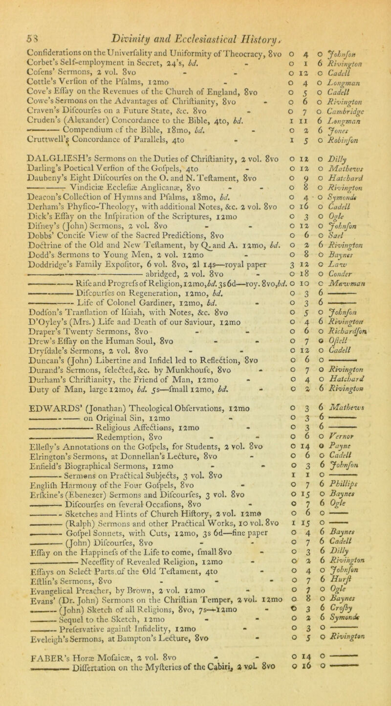 ConfiderationsontheUniverfality and Uniformity of Theocracy, 8vo Corbet’s Self-employment in Secret, 24’s, Id. Cofens’ Sermons, 2 vol. 8vo Cottle’s Verlion of the Plalms, nmo Cove’s EH'ay on the Revenues of the Church of England, 8vo Covve’s Sermons on the Advantages of Chriftianity, 8vo Craven’s Difcourfes on a Future State, &c. 8vo Cruden’s (Alexander) Concordance to the Bible, 4to, id. —— Compendium of the Bible, i8mo, id. Cruttwell’^ Concordance of Parallels, 4to o 4 o 1 O 12 O 4 O 5 o 6 0 7 1 11 0 2 1 J DALGLIESH’s Sermons on the Duties of Chriftianity, 2 vol. 8vo o 12 Darling’s Poetical Verfion of the Gofpels, 4to - o 12 Daubeny’s Eight Difcourfes on the O. and N. Teftament, 8vo o 9 • Vindicize Ecclefue Anglicanae, 8vo - - 08 Deacon’s Colledlion of Hymns and Pfalms, i8mo, id. 04- Derham’s Phyfico-Theology, with additional Notes, &c. 2 vol. 8vo o 16 Dick’s Eftay on the Inl'piration of the Scriptures, i2mo o 3 Difney’s (John) Sermons, 2 vol. 8vo - - o 12 Dobbs’ Concife View of the Sacred Predidtions, 8vo O 6 Dodfrine of the Old and New Teftament, by Q^and A. nmo, id. o 2 Dodd’s Sermons to Young Men, 2 vol. nmo - 08 Doddridge’s Family Expofitor, 6 vol. 8vo, 2l 14s—royal paper 3 12 abridged, 2 vol. 8vo - 018 — Rile and Progrefsof Religion, i2mo,^/.3s6d—roy. 8vo,id. o 10 Difcourfes on Regeneration, i2mo, id. o 3 — ■■ ' Life of Colonel Gardiner, nmo, id. - 03 Dodfon’s Tranflation of Ilaiah, with Notes, &c. 8vo o 5 D’Oyley’s (Mrs.) Life and Death of our Saviour, i2mo o 4 Draper’s Twenty Sermons, 8vo - - 06 Drew’s Eftay on the Human Soul, 8vo - - o 7 Dryfdale’s Sermons, 2 vol. 8vo - - o 12 Duncan’s (John) Libertine and Infidel led to Refledtion, 8vo o 6 Durand’s Sermons, feledted, &c. by Munkhoufe, 8vo - 0 7 Durham’s Chriftianity, the Friend of Man, i2mo - 04 Duty of Man, large i2mo, id. 5s—fmall i2nio, id. - 0 2 EDWARDS’(Jonathan) Theological Obfervations, l2mo o 3 on Original Sin, i2mo - 0 3 Religious Affedlions, i2mo - 0 3 — Redemption, 8vo - - O 6 Ellefly’s Annotations on the Gofpels, for Students, 2 vol. 8vo 014 Elrington’s Sermons, at Donnellan’s Ledlure, 8vo - O 6 Enfield’s Biographical Sermons, i2mo - - O 3 Sermens on Pradtical Subjedls, 3 vol. 8vo I 1 Englilh Harmony of the Four Gofpels, 8vo - 0 7 Erfkine’s (Ebenezer) Sermons and Difcourfes, 3 vol. 8vo o 15 — Difcourfes on feveral Occafions, 8vo - 0 7 . Sketches and Hints of Church Hiftory, 2 vol. i2mo o 6 (Ralph) Sermons and other Pradlieal Works, 10 vol. 8vo I 15 Gofpel Sonnets, with Cuts, umo, 3s 6d—fine paper o 4 (John) Difcourfes, 8vo - - 07 Eftay on the Happinefs of the Life to come, fmall 8vo - 0 3 . Neceflity of Revealed Religion, i2mo - 0 2 EiTays on Seledt Parts.of the Old Teftament, 4to - 04 Eftlin’s Sermons, 8vo - - -07 Evangelical Preacher, by Brown, 2 vol. nmo - o 7 Evans’ (Dr. John) Sermons on the Chriftian Temper, 2 vol. l2mo o 8 (John) Sketch of all Religions, 8vo, 7s—I2mo - 3 Sequel to the Sketch, nmo - - 0 2 Prelervative againlt Infidelity, l2mo - 0 3 Eveleigh’s Sermons, at Bampton’s Ledlure, 8vo - 05 FABER’s Horae Mofaicae, 2 vol. 8vo - - 014 - Diflertation on the Myfteries of the Cabin* % vol. 8vo o 16 O JohnJon 6 Rivington O Cadell O Longman O Cadell O Rivington O Cambridge 6 Longman 6 foiies O Rob inf on O Lilly O Mathews O Hatchard O Rivington O Symvnds O Cadell O Ogle O yohnfon O Sael 6 Rivington O Baynes O Law O Conder C Maivman 6 6 O yohnfon 6 Rivington O Richardfon O Of ell O Cadell O • O Rivington O Hatchard 6 Rivington 6 Mathews 6 6 O Vernor G Payne O Cadell 6 yohnfon O 6 Phillips O Baynes 6 Ogle O 6 Baynes 6 Cadell 6 Lilly 6 Rivington O yohnfon 6 Hurf O Ogle O Baynes 6 Crofby 6 Symonds O O Rivington O O — —