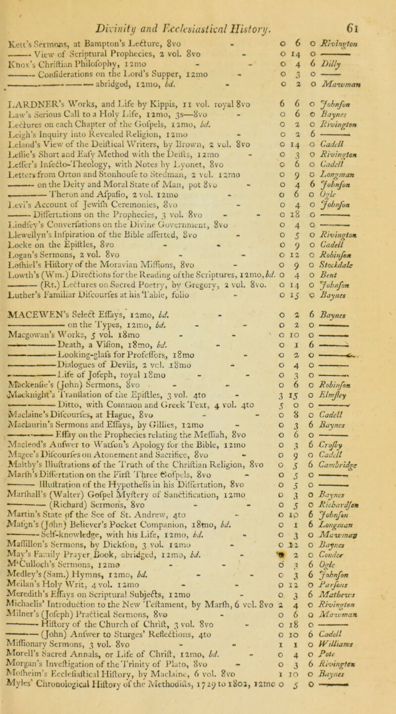 Ken's Sermons, at Bampton’s Ledfure, 8vo View of Scriptural Prophecies, 2 voi. 8vo ICtiox’s Chriftian Philolophy, nmo Confiderations on the Lord’s Supper, nmo abridged, umo, bd. LARDNER’s Works, and Life by Kippis, n vol. royal 8vo Law’s Serious Call to a Holy Life, nmo, 3s—8vo Lectures on each Chapter of the Gol'pels, i2mo, id. Leigh’s Inquiry into Revealed Religion, 121110 I, eland’s View of the Deillical Writers, by Brown, 2 vol. 8vo Lellie’s Short and Laly Method with the Deilis, 12mo Teller's Infedlo-Theology, with Notes by Lyonet, 8vo Letters from Orton and Stonhoufe to Stedtnan, 2 vol. nmo on the Deity and Moral State of Man, pot 8vu — Theron and Afpalio, 2 vol. 121110 J. evi’s Account of Jewilh Ceremonies, 8vo Difiertations on the Prophecies, 3 vol. 8vo l.indley’s Converiations on the Divine Government, 8vo Llewellyn’s Inlpiration of the Bible aflerttd, ovo Locke on the Epiltles, 8vo Logan’s Sermons, 2 vol. 8vo Lothiel’s Hiftory of the Moravian Millions, 8vo Lowth’s (Wm.) Diredfions for the Reading of the Scriptures, i2rno ,bd. (Rt.) Ledtures on Sacred Poetry, by Gregory, 2 vol. 8\o Luther’s Familiar Diicourfes at his Table, folio MACEWEN’s Seleft Eflays,' iamo, Id. on the Types, nmoy bd. Macgowan’s Works, 5 vol. i8mo —— Death, a Vilion, i8mo, bd. — Looking-glafs for Profellbrs, i8mo > ■ Dialogues of Devils, 2 vcl. i8mo 1 .ife of Jofeph, royal 18mo Mackenfie’s (John) Sermons, 8vo Macknight’s Tranllation of tire Epiftles, 3 vol. qto Ditto, with Common and Greek Text, 4 vol. 4to Maclaine’s Diicourfes, at Hague, 8vo Macburin’s Sermons and EfTays, by Gillies, nmo - Eiray on the Prophecies relating the Melliah, 8vo Mncieod’s Anfwer to Watfon’s Apology for the Bible, nmo Magee’s Diicourfes on Atonement and Sacrifice, 8vo Alaltby’s Illustrations of the Truth of the Chriftian Religion, 8vo Marlh’sDiifertation on the Firft Three Gofpels, 8vo llluftration of the Hypothefis in his Diifertation, 8vo Marlhall’s (Walter) Gofpel Myftcry of Sanctification, nmo — (Richard) Sermons, 8vo Martin’s State of the See of St. Andrew, 4to Matin’s (John) Believer’s Pocket Companion, i8mo, bd. - -Self-knowledge, with his Life, nmo, bd. Mafilllon’s Sermons, by Dicklon, 3 voi nmo May’s Family Prayer Book, abridged, nmo, bd. M‘Culloch s Sermons, nmo Medley’s (Sam.) Hymns, nmo, bd. Meilan’s Holy Writ, 4 vol. nmo Meredith’s Eftiiys on Scriptural Subjects, i2mo Michaelis’ Introdudtion to the New Teftament, by Marlh, 6 vcl. 8 Milner’s (Jofeph) Pradtical Sermons, 8vo Hiftory of the Church of Chrilt, 3 vol. 8vo (John) Anfwer to Sturges’ Refledtions, 4to MilTionaiy Sermons, 3 vol. 8vo Morell’s Sacred Annals, or Life of Chrift, nmo, bd. Morgan’s Inveftigation of the Trinity of Plato, 8vo ~ Mofheim’s Eccleiiallical Hiftory, by Maclaine, 6 vol. 8vo 0 6 0 Rlvlngton 0 14 0 0 4 6 Lilly 0 * 0 0 2 0 Maivman 6 6 0 yobnfon 0 6 0 Baynes 0 2 0 Rivingt on 0 2 6 0 M 0 Cadell 0 3 0 Rivinoton. 0 6 0 Cadcll 0 9 0 Longman 0 4 6 yobnfon 0 6 O Ogle 0 4 O yobnfon 0 18 O 0 4 O 0 5 O Rivington 0 9 O Cadell 0 12 O Robinfon 0 9 O Stocldale 0 4 O Bent 0 14 O yobnfon 0 O Baynes 0 2 6 Baynes 0 2 0 0 IO 0 0 I 6 0 2 0 0 4 0 0 3 0 0 6 0 Robinfon 3 15 0 Bln fey 5 0 0 0 8 0 Cadcll 0 3 6 Baynes 0 6 O 0 * 6 Crofy 0 9 O Cadcll 0 5 6 Cambridge 0 5 O 0 5 O 0 3 O Baynes 0 5 0 Ricbardjon 0 ip 6 yobnftn 0 1 6 Longman 0 3 0 Adaii'/nay 0 22 0 Baynes 2 0 Cornier 6 7 6 Ofc 0 3 6 yobnfon 0 12 O Rarfons 0 3 6 JVLatbeirs 2 4 O Ri-vington 0 6 O lClaivman 0 18 O 0 10 6 Cadcll 1 1 0 Williams 0 4 0 Rote 0 3 6 Rivingtes 1 10 0 Baynes