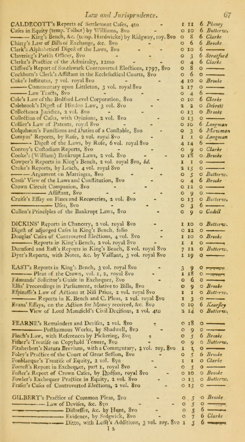 CALDECOTT’s Reports of Settlement Cafes, 4to Cafes in Equity (temp. Talbot) by Williams, 8vo — ■ -— King’s Bench, &.c. (temp. Hardwicke) by Ridgway, roy. 8vo C'hitty’s Law of Bills ot Exchange, &c. 8vo Clark’.; Alphabetical Digeft of the Laws, 8vo Clavering’s Parifh Officer, 8vo Clerke’s Pradlice of the Admiralty, nmo Clifford’s Report of Southwark Controverted Eledlions, 1797, 8vo Cockburn’s Clerk’s Affiftant in the Eccleliaftical Courts, 8vo Coke’s lnllitutes, 7 vol. royal 8vo —— Commentary upon Littleton, 3 vol. royal 8vo ■ — Law Tradls, 8vo Cole’s Law of the Bedford Level Corporation, 8vo Colebrook’s Digeft of Hindoo Law, 3 vol. 8vo Colledlanea Juridica, 2 vol. 8vo Colledlion of Cafes, with Opinions, 2 vol. 8vo Collier’s Law of Patents, royal 8vo Colquhoun’s Fundtions and Duties of a Conflable, 8vo Comyns’ Reports, by Role, 2 vol. royal 8vo —- Digeft of the Laws, by Role, 6 vol. royal 8vo Conroy’s Cuftodiam Reports, 8vo Cooke’s (William) Bankrupt Laws, 2 vol. 8vo Cowper’s Reports in King’s Bench, 2 vol. royal 8vo, bd. Croke’s Reports, by Leach, 4 vol. royal 8vo - —Argument on Marriages, 8vo Crofs’ View of the Laws and Conftitution, 8vo Crown Circuit Companion, 8vo —— —— Affiftant, 8vo - Crude’s EfTay on Fines and Recoveries, 2 vol. 8vo -• Ufes, 8vo Cullen’s Principles of the Bankrupt Laws, 8vo I II 6 P/jeney 0 10 6 Butterw. 0 8 6 Clarke 0 6 6 Brooke 0 10 6 0 3 6 Stratford 0 4 6 Clarke 0 8 0 0 6 0 4 10 0 Brooke 2 17 0 O 4 6 O 10 6 Clarke 2 2 0 Debrett O 13 0 Brooke O 13 0 O IO 6 Lonrmatt O 3 6 Maxeman I 1 0 Longman 4 14 6 O 9 0 Clarke 0 18 0 Brooke I 1 0 2 15 0 O J 0 Butlerxv. O 4 6 Brooke O 12 0 O 9 0 O 13 0 But ter xv. O 3 6 O 9 0 Cadell D1CKINS’ Reports in Chancery, 2 vol. royal 8vo Digeft of adjudged Cafes in King’s Bench, folio Douglas’ Cafes of Controvered Eledlions, 4 vol. 8vo Reports in King’s Bench, 2 vol. royal 8vo Durnford and Eaft’s Reports in King’s Bench, 8 vol. royal 8vo Dyer’s Reports, with Notes, &c. by Vaillant, 3 vol. royal 8vo I 10 o Butterw. 0 12 o —— 1 10 O Brooke I I O 7 12 o Butterxv. I 19 O EAST’s Reports in King’s Bench, 3 vol. royal 8vo - ' Pleas of the Crown, vol. 1, 2, royal 8vo Edmunds’ Solicitor’s Guide in Exchequer, 8vo - Ellis’ Proceedings in Parliament, relative to Bills, 8vo Efpinafle’s Law of Adtions at Nifi Prius, 2 vol. royal 8vo Reports in K. Bench and C. Pleas, 2 vol. royal 8vo Evans’ F.ftays, on the Adtion for Monty received, &c. 8vp ——-View of Lord Mansfield’s Civil Dccilions, 2 yoI. 4to 3 9 0 rrrrrrm l 18 O -■.■n.v- 06 0 09® Brooke 1 I O Butlerxv. I30 O IO 6 Kearjley 2 14 O But ter xv. FEARNE’s Remainders and Devifes, 2 vol. 8vo * O 18 Pofthumous Works, by Shadwell, 8vp - o 9 Finch’s Law, with References by Pickering, 8vo, ? o 5 Fifher’s TreatUe on Copyhold Tenure, 8vq • 0 9 Fitzheibert’s Natura Brevium, with a Comnoentary, 3 vol. roy. 8vo 1 I, Foley’s Pradlice of the Court of Great Selfion, 8vo - 0 5 Fonblanque’s Treatife of Equity, 2 vol. 8yo, - 1 1 Ferrell’s Report in Exchequer, parti, royal 8vo - O 5 Fofler’s Report of Crown Cafes, by Ppdfon, royal 8vo - o 10 Fowler’s Exchequer Pradlice in Equity, 2 vol. 8vo - o 13 Frafer’s Cafes of Controverted Eledtions, 2 vol. 8vo - o 15 O o — 6 Brooke O Butlerxv. O 6 Brooke O Clarke o • - — O Brooke O butlerxv. O — GILBERT’S Pradlice of Common Pleas, Svo « o 5 Law of Devifes, &c. 8yo - - O 5 —— . Dillrefles, &c. by Punt, 8vo - 05 • Evidence, by Sedgwick, 8vo - 0 7 «—— Ditto, with Lofft’s Additions, 3 vol. roy. 8vo 1 3 I % O Brooke O -r 6 6 Clarke 6