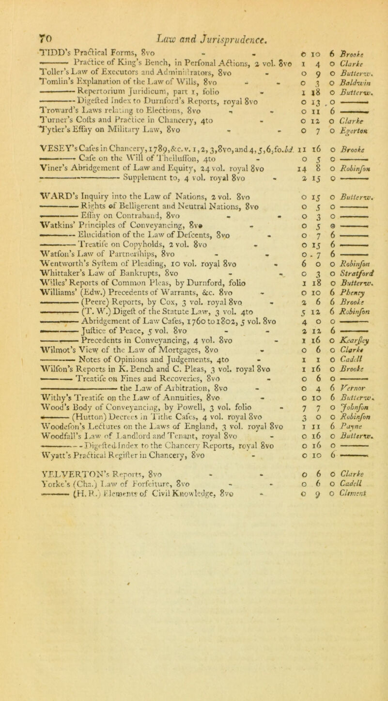 TIDD’s Pra&ical Forms, Svo Practice of King’s Bench, in Perfonal Actions, 2 vol. Svo Toller’s Law of Executors and Adminiilrators, 8vo Tomlin’s Explanation of the Law of Wills, 8vo — ■ ——Repertorium Juridicum, part I, folio Digelted Index to Durnford’s Reports, royal 8vo Troward’s Laws relating to Elections, 8vo Turner’s Colts and Practice in Chancery, 4to Ty tier’s EfFay on Military Law, 8vo VESEY’s Cafes in Chancery, i ;89,&c. v. i, 2, 3,8vo, and 4,5,6,fo. W. 11 16 —■ Cafe on the Will of Thelluflon, 4to Viner’s Abridgement of Law and Equity, 24 vol. royal 8vo Supplement to, 4 vol. royal 8vo WARD’s Inquiry into the Law of Nations, 2 vol. 8vo — - ■■ — Rights of Belligerent and Neutral Nations, 8vo ■ — Elfay on Contraband, 8vo Watkins’ Principles of Conveyancing, Sv» —————- Elucidation of the Law of Defcents, Svo — Treatife on Copyholds, 2 vol. 8vo Watfon’s Law of Partnerships, 8vo Wentworth’s Syftem of Pleading, 10 vol. royal 8vo Whittaker’s Law of Bankrupts, 8vo Willes’ Reports of Common Pleas, by Durnford, folio Williams’(Edw.) Precedents of Warrants, See. 8vo (Peere) Reports, by Cox, 3 vol. royal 8vo — (T. W.) Digell of the Statute Law, 3 vol. 4to » Abridgement of Law Cafes, 1760 to 1802, J vol. 8vo »— Juftice of Peace, 5 vol. 8vo —— Precedents in Conveyancing, 4 vol. Svo Wilmot’s View of the Law of Mortgages, 8vo Notes of Opinions and Judgements, 4to Wilfon’s Reports in K. Bench and C. Pleas, 3 vol. royal 8vo — Treatife on Fines and Recoveries, 8vo the I.aw of Arbitration, 8vo Withy’s Treatife on the Law of Annuities, 8vo Wood’s Body of Conveyancing, by Powell, 3 vol. folio — — (Hutton) Decrees in Tithe Cafes, 4 vol. royal 8vo Woodefon’s Lectures on the Laws of England, 3 vol. royal 8vo Woodfall’s Lav/ of Landlord and Tenant, royal 8vo Digeftedlndex to the Chancery Reports, royal 8vo Wyatt’s Practical Regifter in Chancery, Svo YELYERTON’s Reports, 8vo Yorke’s (Cha.) Law of Forfeiture, Svo c 10 6 Brooke I 4 0 Clarke 0 9 0 Butteriv. 0 3 0 Baldwin I j8 0 Butter'll’. 0 13 . 0 0 11 6 0 12 0 Clarke 0 7 0 Egerton II 16 0 Brooke 0 5 0 14 8 0 Robinfon 2 0 O 15 0 Butteriv. O 5 0 O 3 0 O 5 ® O 7 6 O 15 6 0 - 7 6 6 0 0 Robinfon 0 3 0 Stratford 1 18 0 Butteriv. 0 10 6 Pbcncy 2 6 6 Brooke 5 12 6 Hob inf on 4 0 O 2 12 6 1 16 0 JCearjley O 6 0 Clarkt I 1 0 Cadell I 16 0 Brooke O 6 0 O 4 6 Vernor O 10 6 Butteriv. 7 7 0 foh nfon 3 0 0 Robinjon 1 11 6 Pa\ne 0 16 0 Butteriv. 0 16 0 0 10 6 0 6 0 Clarke 0 6 0 Cadell 9