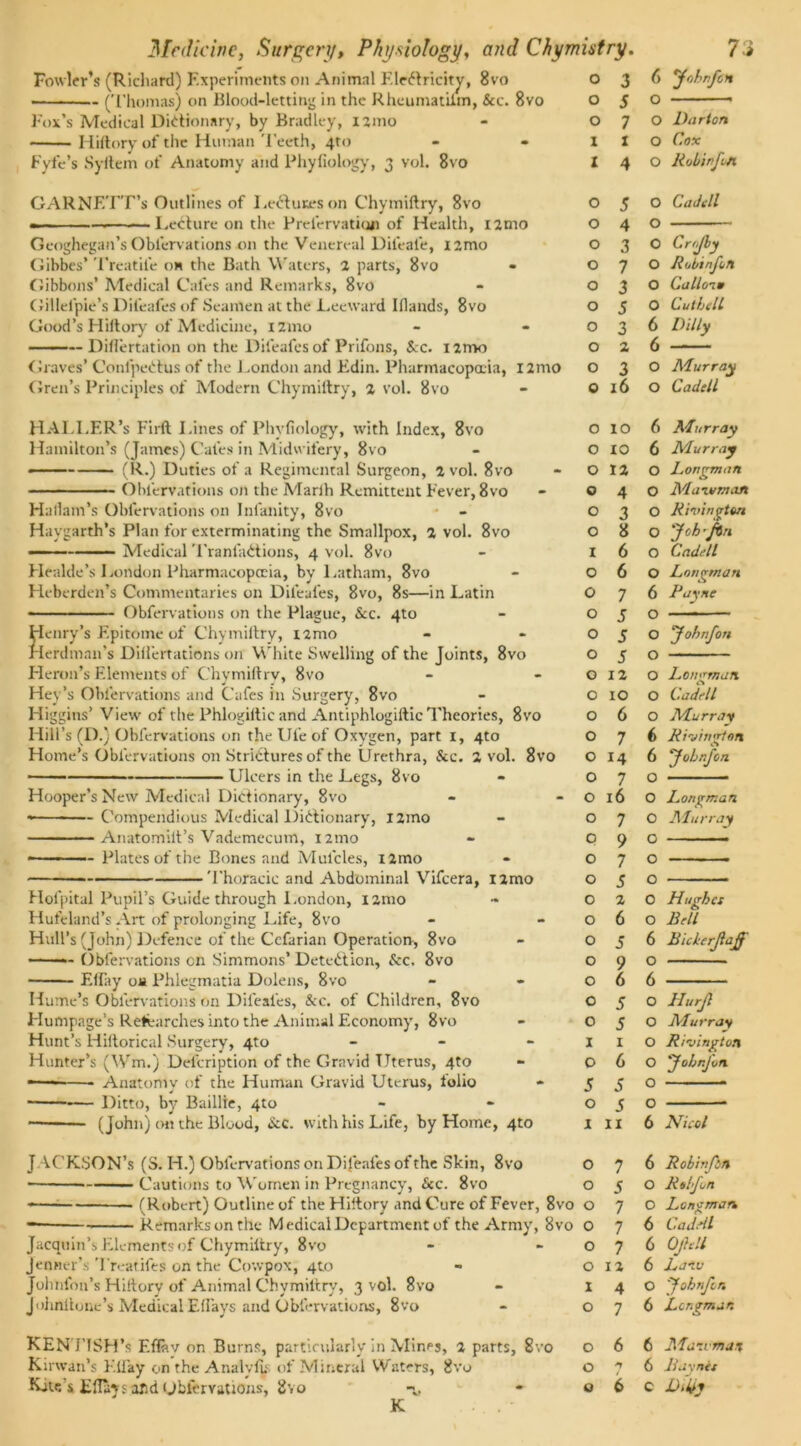 Fowler’s (Richard) Experiments on Animal Electricity, 8vo (Thomas) on Blood-letting in the Rheumatiim, See. 8vo Fox’s Medical Dictionary, by Bradley, iamo Hiftory of the Human '1’eeth, 4to Fyfe’s Syftem of Anatomy and Phyfiology, 3 vol. 8vo GARNETT’s Outlines of Lectures on Chymiftry, 8vo • Lecture on the Prelervation of Health, iamo Geoghegan’s Oblervations on the Venereal Difeale, i2mo Gibbes’ Treatil’e an the Bath Waters, 2 parts, 8vo Gibbons’ Aledical Cafes and Remarks, 8vo Gillefpie’s Difeafes of Seamen at the Leeward Blands, 8vo Good’s Hiftory of Medicine, 121110 ■— Diflertation on the Difeafes of Prifons, Sec. nnw Graves’ ConlpeCtus of the J .ondon and Edin. Pharmacopoeia, l2mo Gren’s Principles of Modern Chymiftry, 2 vol. 8vo HALLER’s Firft Lines of Phyfiology, with Index, 8vo Hamilton’s (James) Cafes in Midwifery, 8vo - — (R.) Duties of a Regimental Surgeon, 2 vol. 8vo Oblervations on the Marlh Remittent Fever, 8vo Hallam’s Obfervations on Infanity, 8vo Haygarth’s Plan for exterminating the Smallpox, 2 vol. 8vo —— Medical '1’ranfaCtions, 4 vol. 8vo Flealde’s London Pharmacopoeia, by Latham, 8vo Heberden’s Commentaries on Difeafes, 8vo, 8s—in Latin Obfervations on the Plague, &c. 4to Henry’s Epitome of Chymiftry, nmo Herdman’s Diflertations on White Swelling of the Joints, 8vo Heron’s Elements of Chvmiftrv, 8vo Hey’s Obfervations and Cafes in Surgery, 8vo Higgins’ View of the Phlogiftic and Antiphlogiftic Theories, 8vo Hill’s (D.) Obfervations on theUfeof Oxygen, part 1, 4to Home’s Obfervations on Strictures of the Urethra, &c. 2 vol. 8vo Ulcers in the Legs, 8vo Hooper’s New Medical Dictionary, 8vo . ■ — Compendious Medical Dictionary, i2mo ■ — Anatomilt’s Vademecum, 121110 ■ ■— Plates of the Bones and Mulcles, i2mo Thoracic and Abdominal Vifcera, nmo Hofpital Pupil’s Guide through London, nmo Hufeland’s Art of prolonging Life, 8vo Hull’s (John) Defence of the Ccfarian Operation, 8vo —Obfervations on Simmons’ Detection, &c, 8vo Eflay oa Phlegmatia Dolens, 8vo Hume’s Obfervations on Difeafes, See. of Children, 8vo Humpage’s Researches into the Animal Economy, 8vo Hunt’s Hiltorical Surgery, 4to - Hunter’s (Wm.) Defcription of the Gravid Uterus, 4to — — ■—- Anatomv of the Human Gravid Uterus, lolio ■ — Ditto, by Baillie, 4to (John) mi the Blood, .Sec. with his Life, by Home, 4to J.ACKSON’s (S. H.) Obfervations on Difeafes of the Skin, 8vo • Cautions to Women in Pregnancy, Scc. 8vo -—■ (Robert) Outline of the Hiftory and Cure of Fever, 8vo Remarks on the Medical Department of the Army, 8vo Jacqnin’s Elements of Chymiftry, 8 vo Jenner’s Treatifes on the Cowpox, 4to Jolinfon’s Hiftory of Animal Chymiftry, 3 vol. 8vo Johnltone’s Medical Efiays and Obfervations, 8vo KENTISH’s F.flav on Burns, particularly in Mines, 2 parts, 8vo Kirwan’s Elfay on the Analvlu of Mineral Waters, 8vo K . 0 3 () yoh rife tt 0 5 O 0 7 O Dart on I 1 O Cox I 4 O Robinfon 0 5 O CaJoll 0 4 O 0 3 O Cr/Jhy 0 7 O Robinfon 0 3 O Calloim 0 5 0 Cutbell 0 3 6 Ditty 0 2 6 0 3 O Murray 0 16 O Cadell 0 10 6 Murray 0 10 6 Murray 0 12 O Longman 0 4 O Maivman 0 3 O Rivington 0 8 O 'Job’fin I 6 O Cadell 0 6 O Longman 0 7 6 Payne 0 5 O 0 5 O yobnfon 0 5 O 0 12 O Longman 0 10 O Cadell 0 6 0 Murray 0 7 6 Rivington 0 14 6 yobnfon 0 7 O 0 16 O Longman 0 7 0 .Murray p 9 O 0 7 O 0 5 O 0 2 0 Hughes 0 6 O Bell 0 5 6 Bickcrjlajf 0 9 O 0 6 6 0 J O Hurjl 0 5 O Murray I 1 O Rivington 0 6 O yobnfon 5 5 O 0 5 O 1 11 6 Nicol 0 7 6 Robinfitl 0 5 0 Rtlfon 0 7 O Longman 0 7 6 Cadell 0 7 6 Of ell 0 12 6 La-tv 1 4 O yobnfon 0 7 6 Longman 0 6 6 Ma-tvman 0 *7 6 Baynis 6